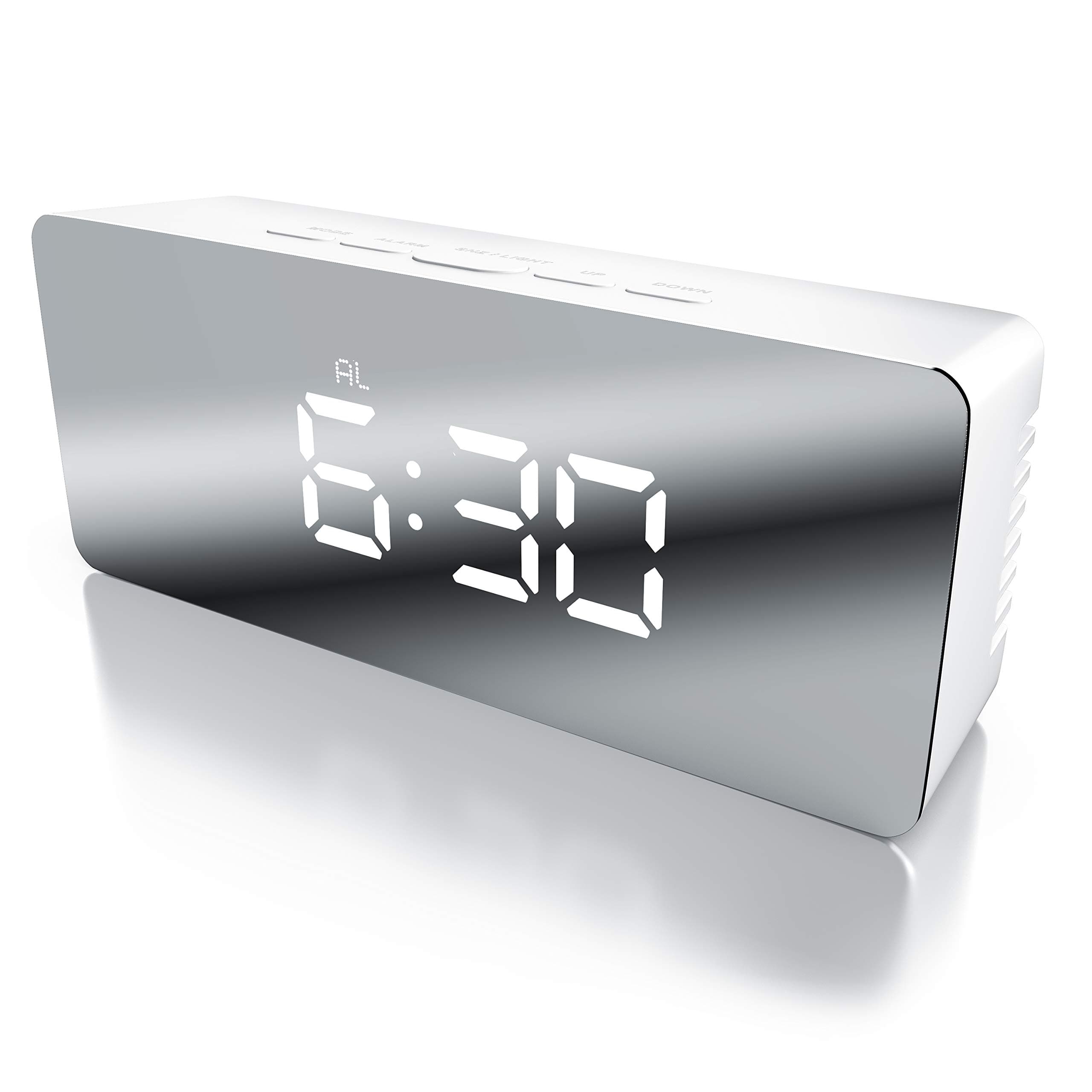 Bearware - LED Digital Mirror Alarm Clock with Temperature Display - Travel Alarm Clock - Table Alarm Clock - Luminous Digits - Alarm Clock - Battery Powered or USB - Snooze Function - Night Mode