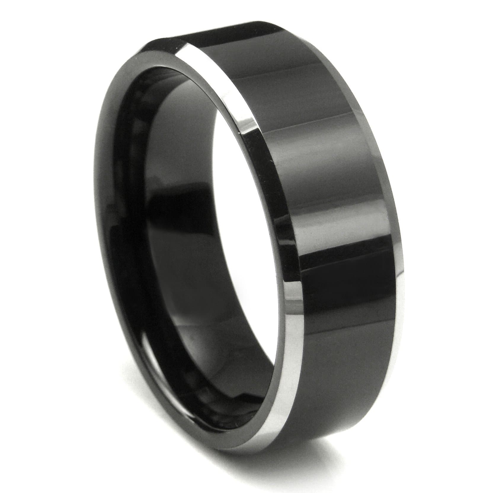 Tungsten Metal Men's Ladies Unisex Ring Wedding Band 8MM (5/16 inch) Flat Top Two Tone Black Beveled Edge Comfort Fit (Sz 7 to 16)