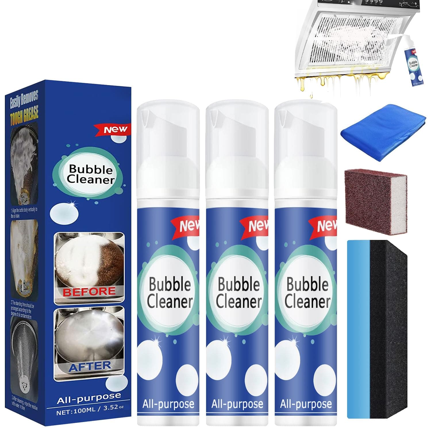 Rednow (100ML*3PCS) Bubble Cleaner Foam,Foaming Heavy Oil Stain Cleaner,All-Purpose Rinse-free Cleaner Spray,Kitchen Deep Cleaning Spray,Powerful Stain,Stubborn Grease & Grime Remover Bubble Spray