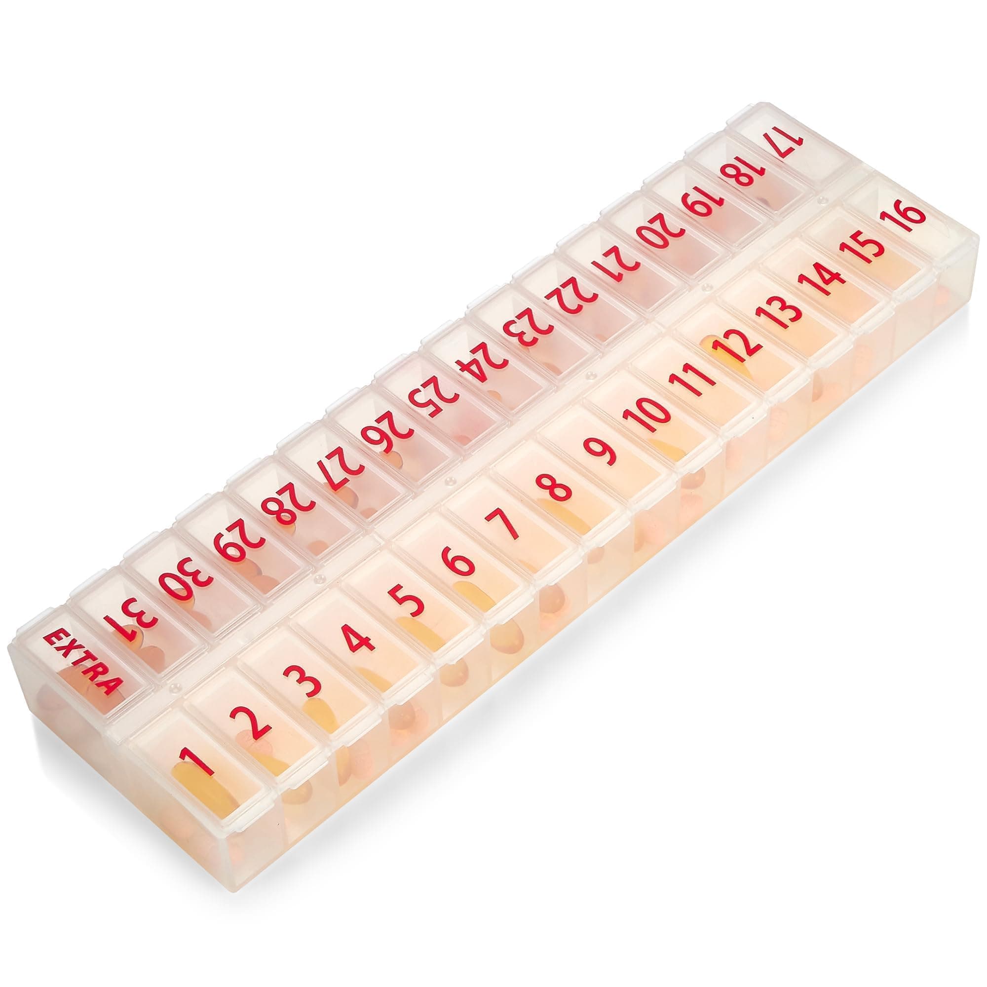 Large Pill Organizer Monthly 32 Compartments - 30 Day Pill Organizer 1 Time A Day, Large Compartment Box for Medications, BPA-Free Plastic, Removable Lid for Easy Loading Medicine, Vitamins, Clear