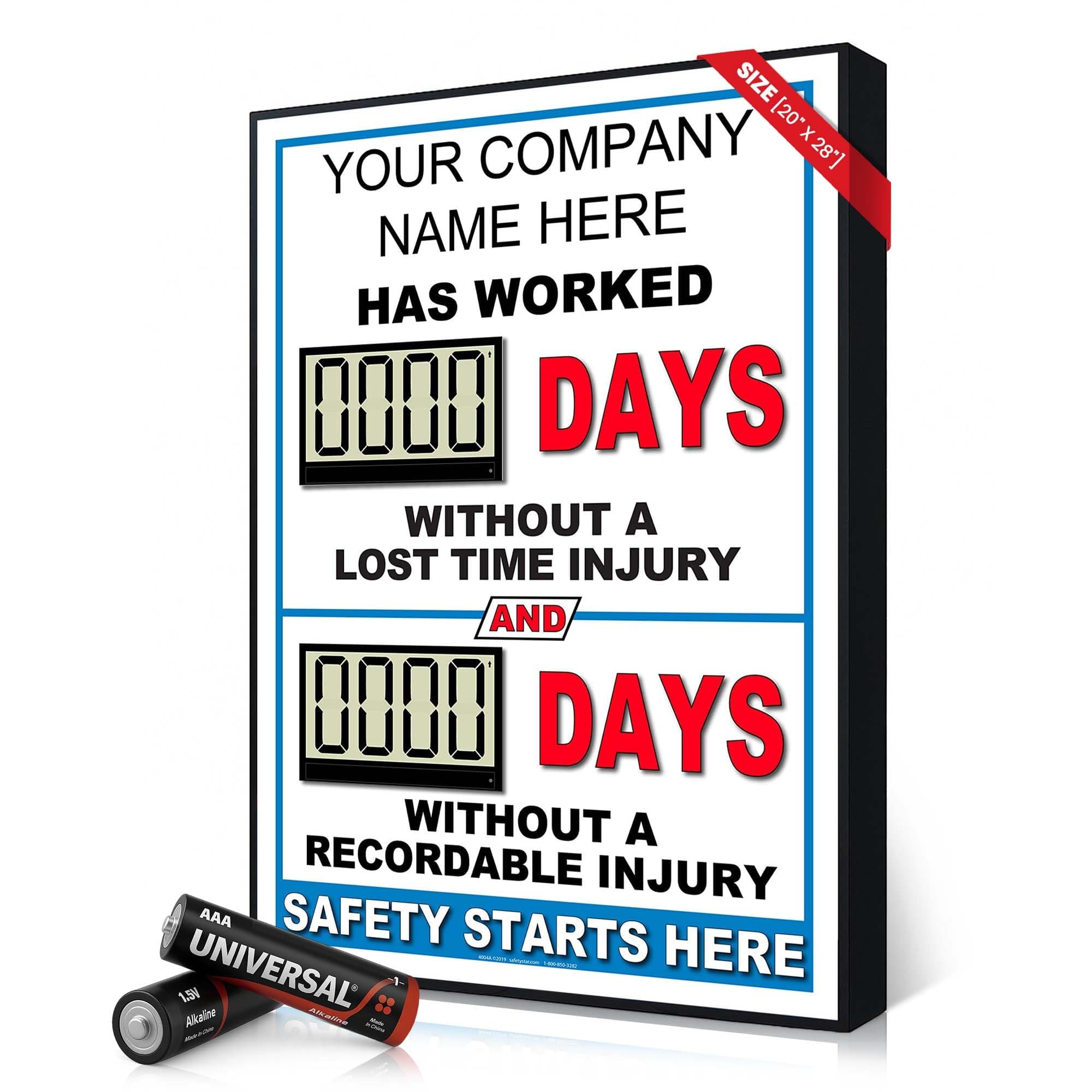Battery Operated Custom Safety Digital Scoreboard 20" Γ 28" | Indoor Digital Scoreboard with Auto Day Counter | No Power Cord Needed | Track Days Without Accident Sign for Workplace Safety