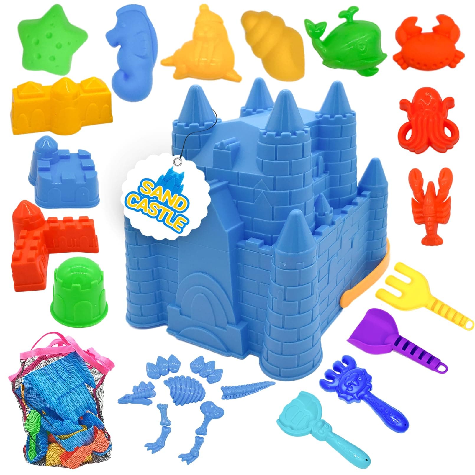 SupMLC Beach Toys Sand Toys for Kids, 27 PCS Sand Castle Building Kit with Castle Bucket, Mesh Bag, Shovels, Dinosaur Molds – Travel Sand Toys Sandbox Toys for Boys Girls Age 3-10