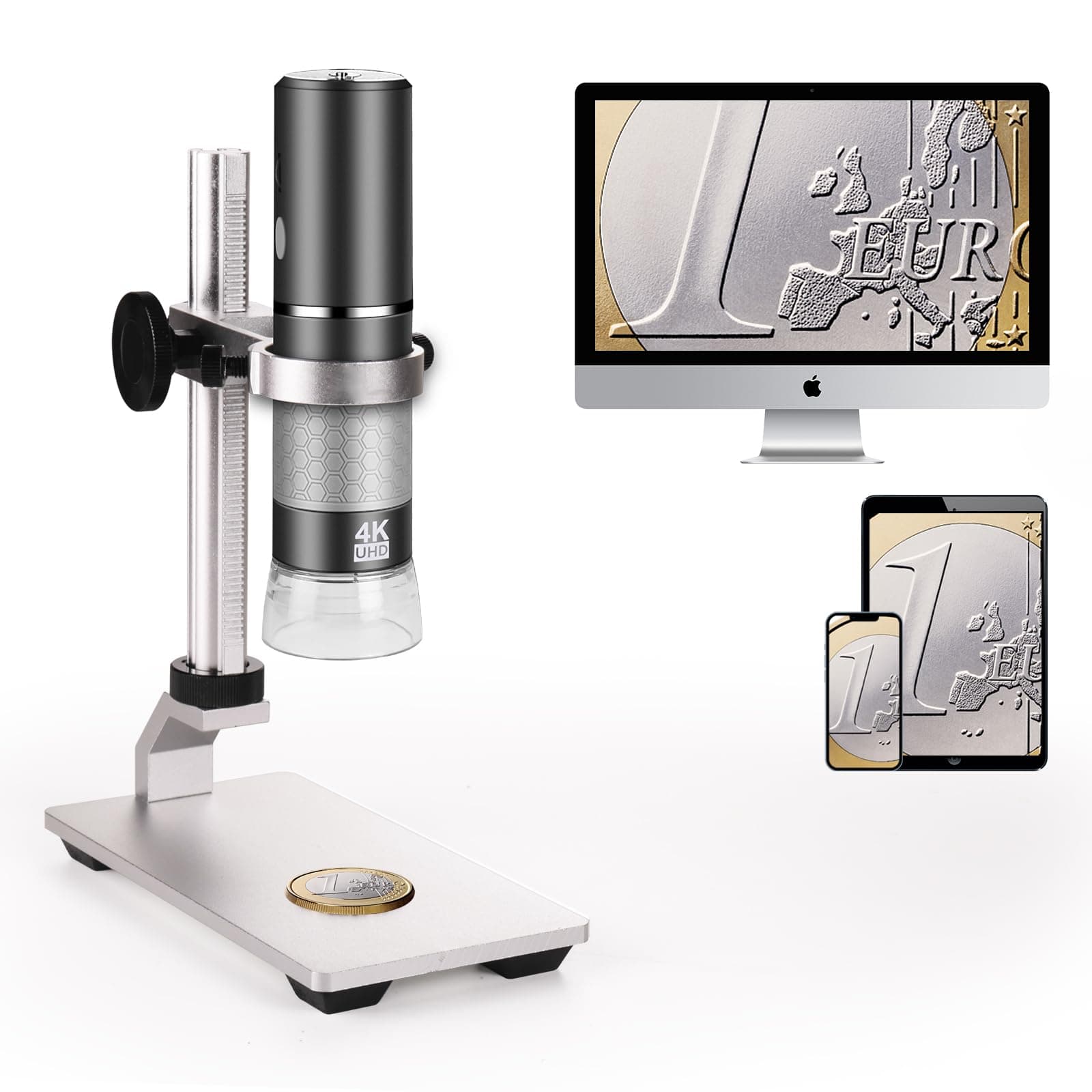 4K 3840x2160p WiFi Digital Microscope Camera with Adjustable Metal Stand, Wireless Portable Microscope for iPhone Android Phone and Windows Mac PC