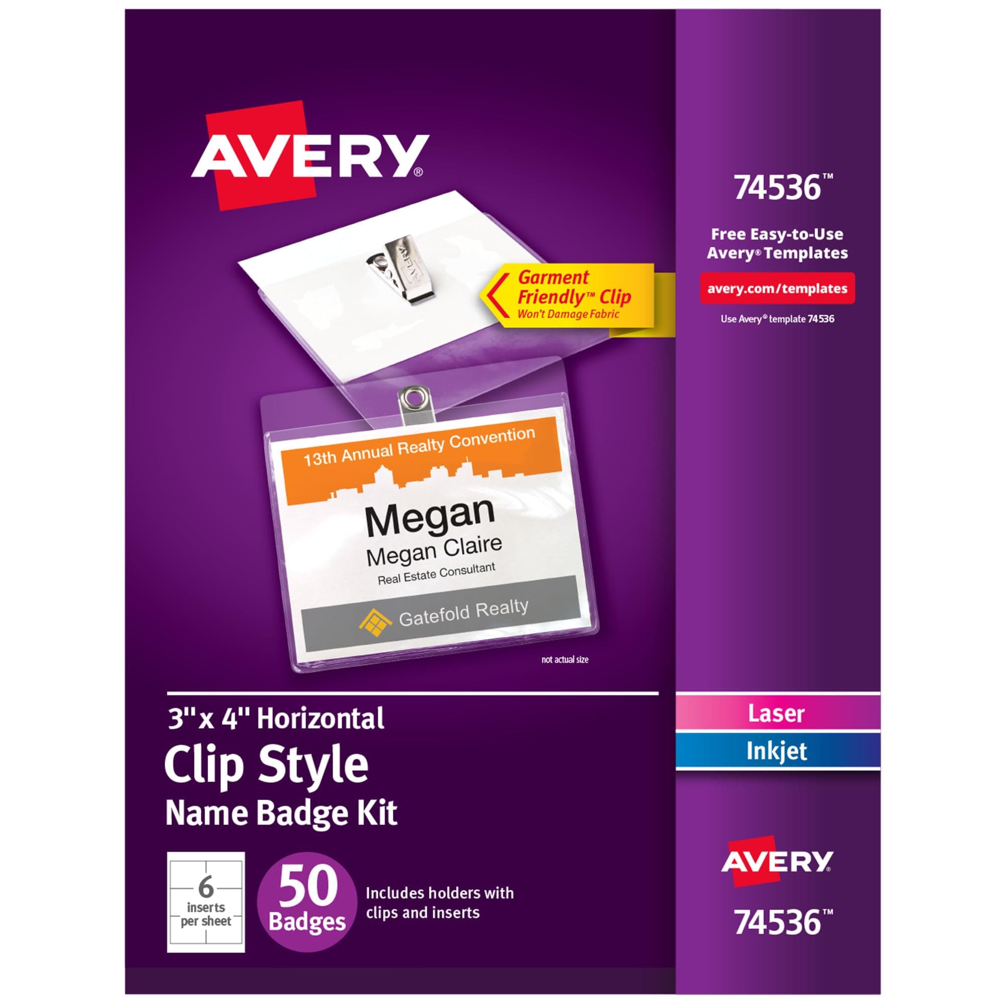 Avery Customizable Name Badges, Clip Style, 3" x 4", Clear Name Tag Holders, White Laser/Inkjet Printable Inserts, 50 Total (74536)
