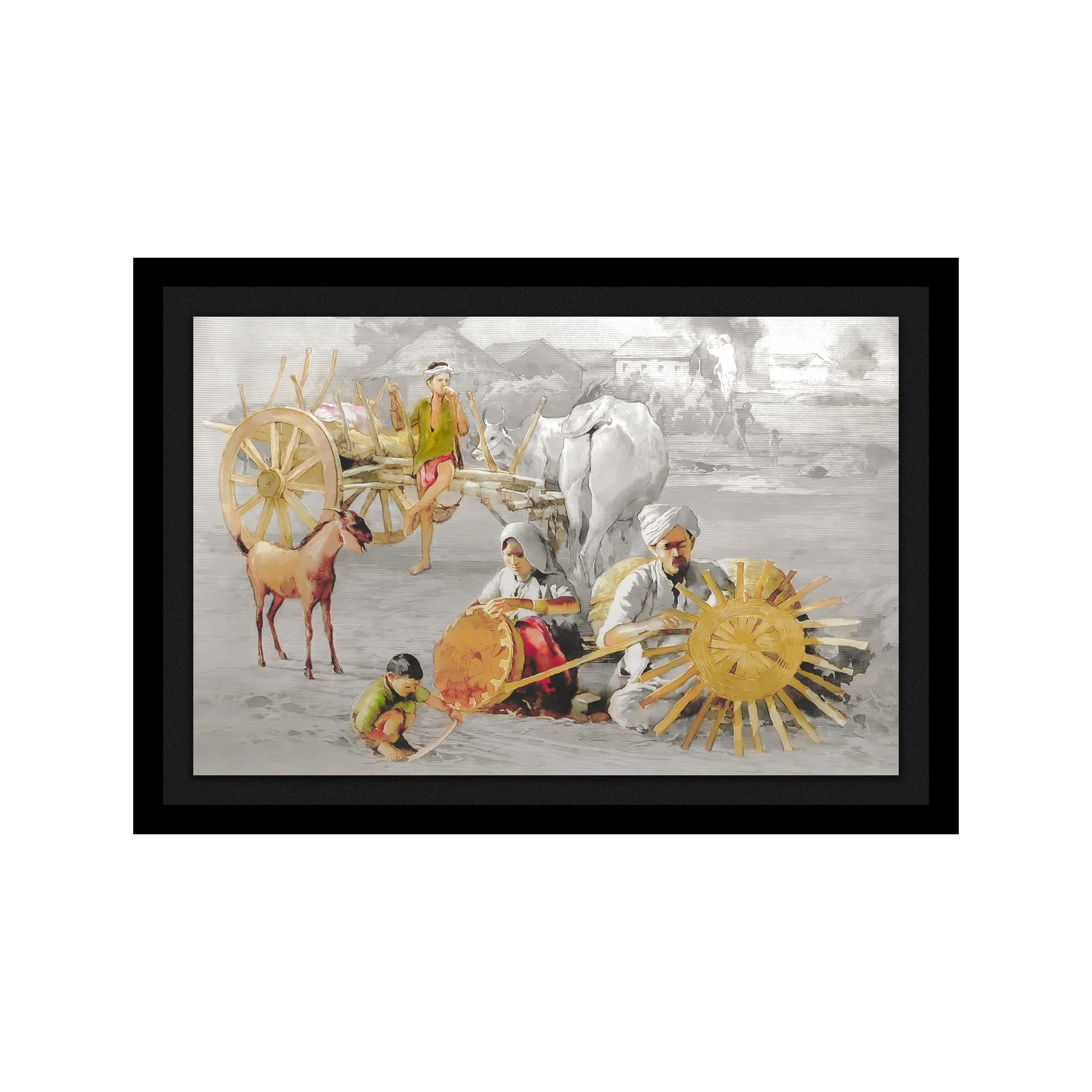 Treemaison Village Scene Painting with Frame (Black, 17 Inch x 13 Inch)