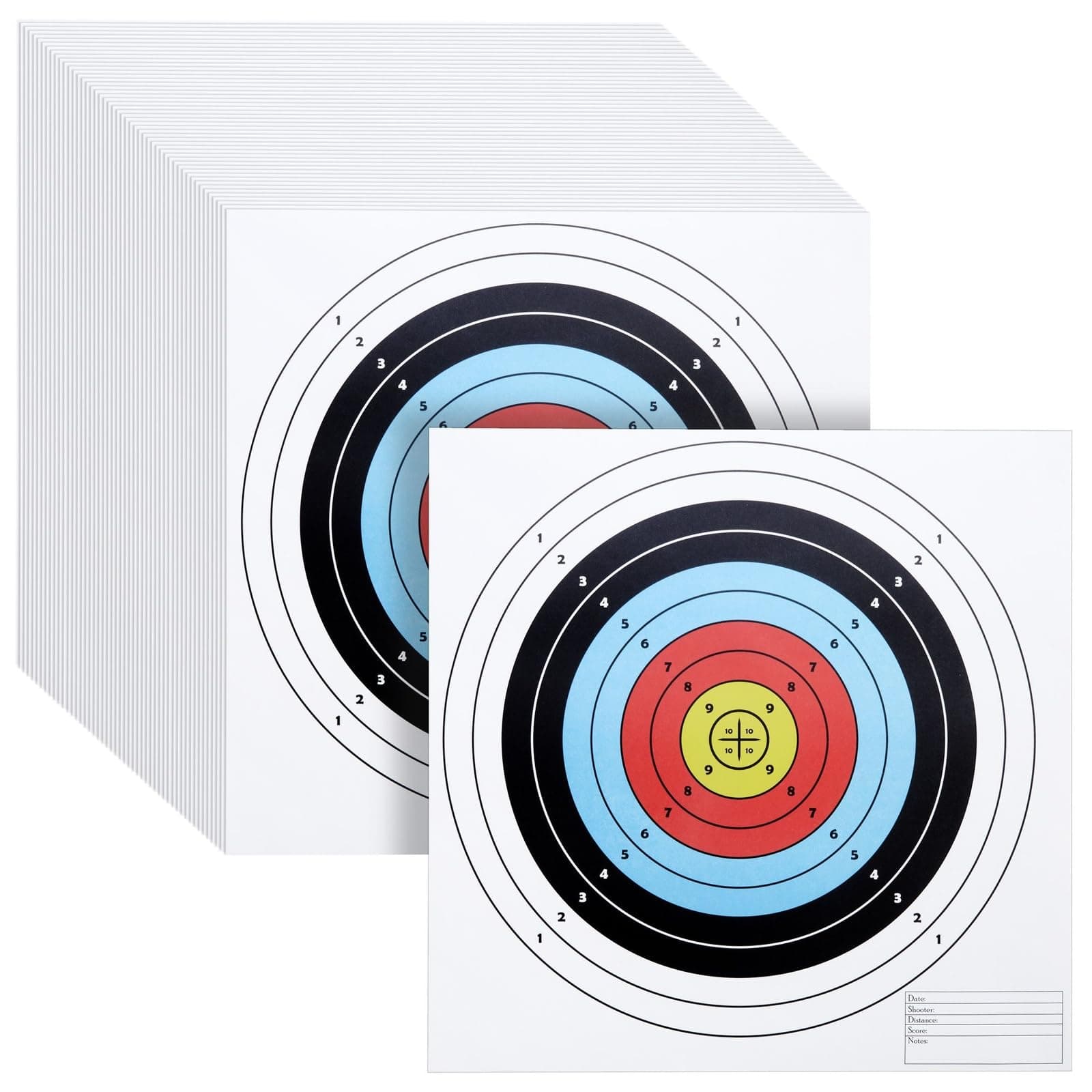 Okuna Outpost Paper Targets for Shooting - 17 x 17 in, 50-Pack - 10-Ring 5-Color Bullseye Targets for Shooting Range & Pistol Practice - Archery & Airsoft Accessories