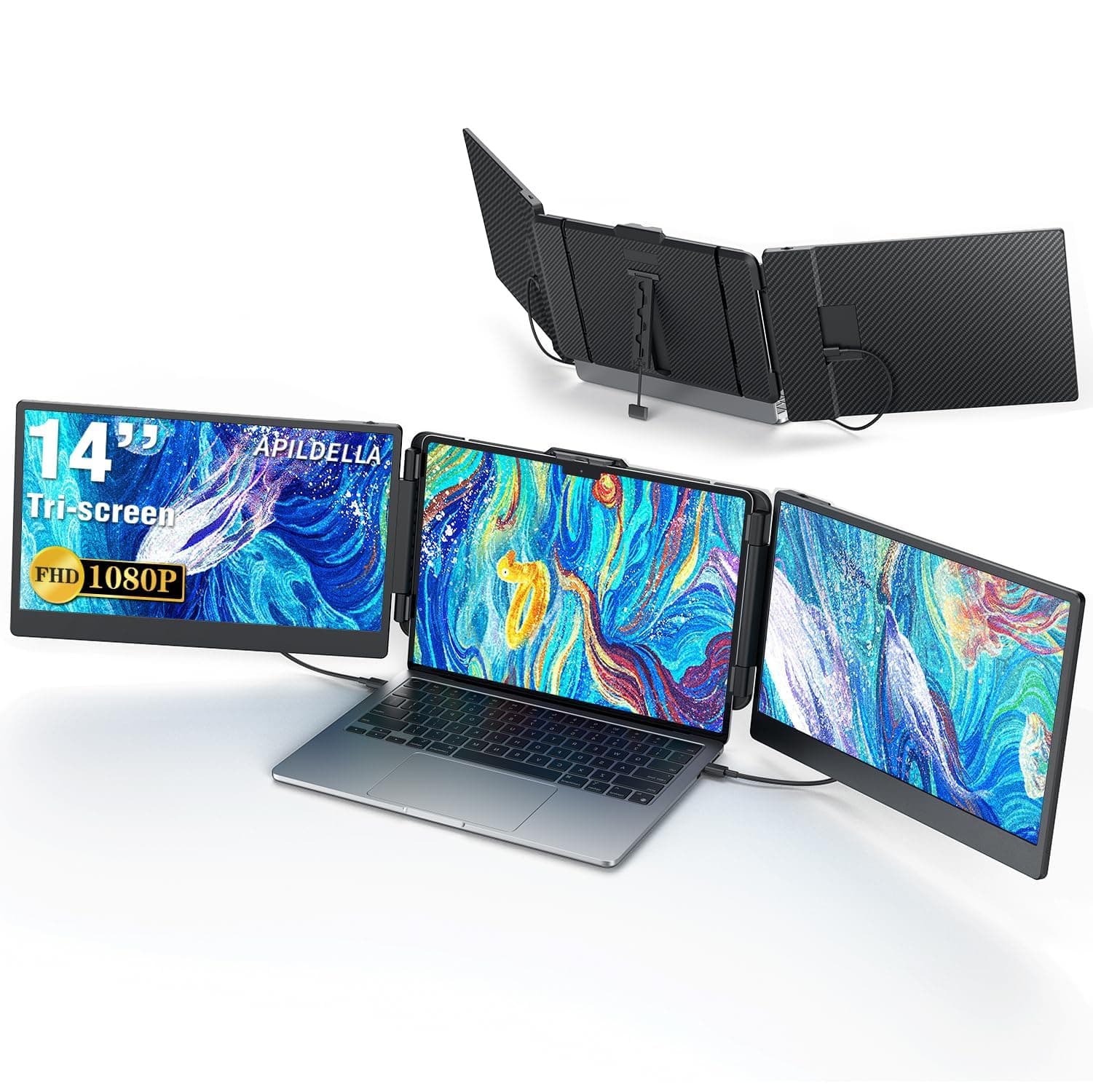 14’’ Triple Laptop Screen Extender, 1080P FHD Portable Dual Monitor for Laptop USB C HDMI, Plug-Play Monitor Extender for Triple Display for Mac/Windows, Fit 13”-17.3” Laptops