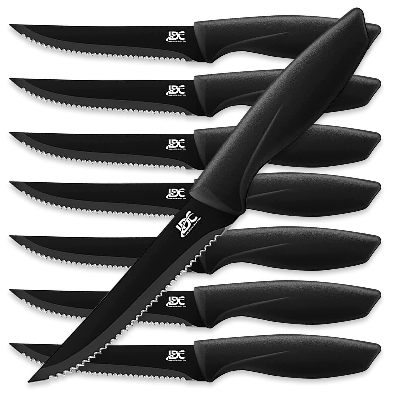 LDC Serrated Steak Knives Set of 8, Elegant Black Ultra Sharp Knives, Dishwasher Safe Stainless Steel Dining Knife Set