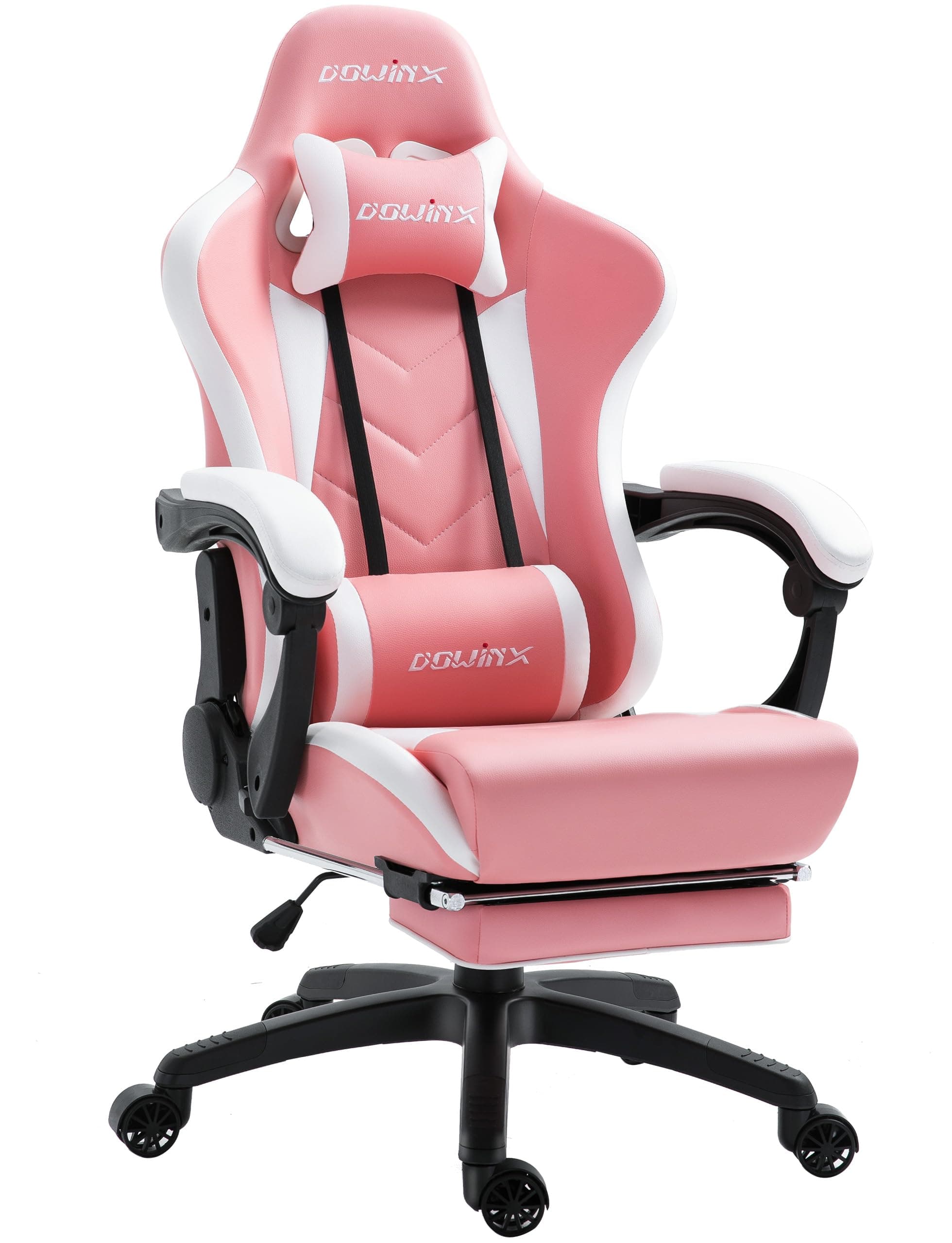 Dowinx Gaming Chair Ergonomic Racing Style Recliner with Massage Lumbar Support, Office Armchair for Computer PU Leather E-Sports Gamer Chairs with Retractable Footrest (White&Pink)