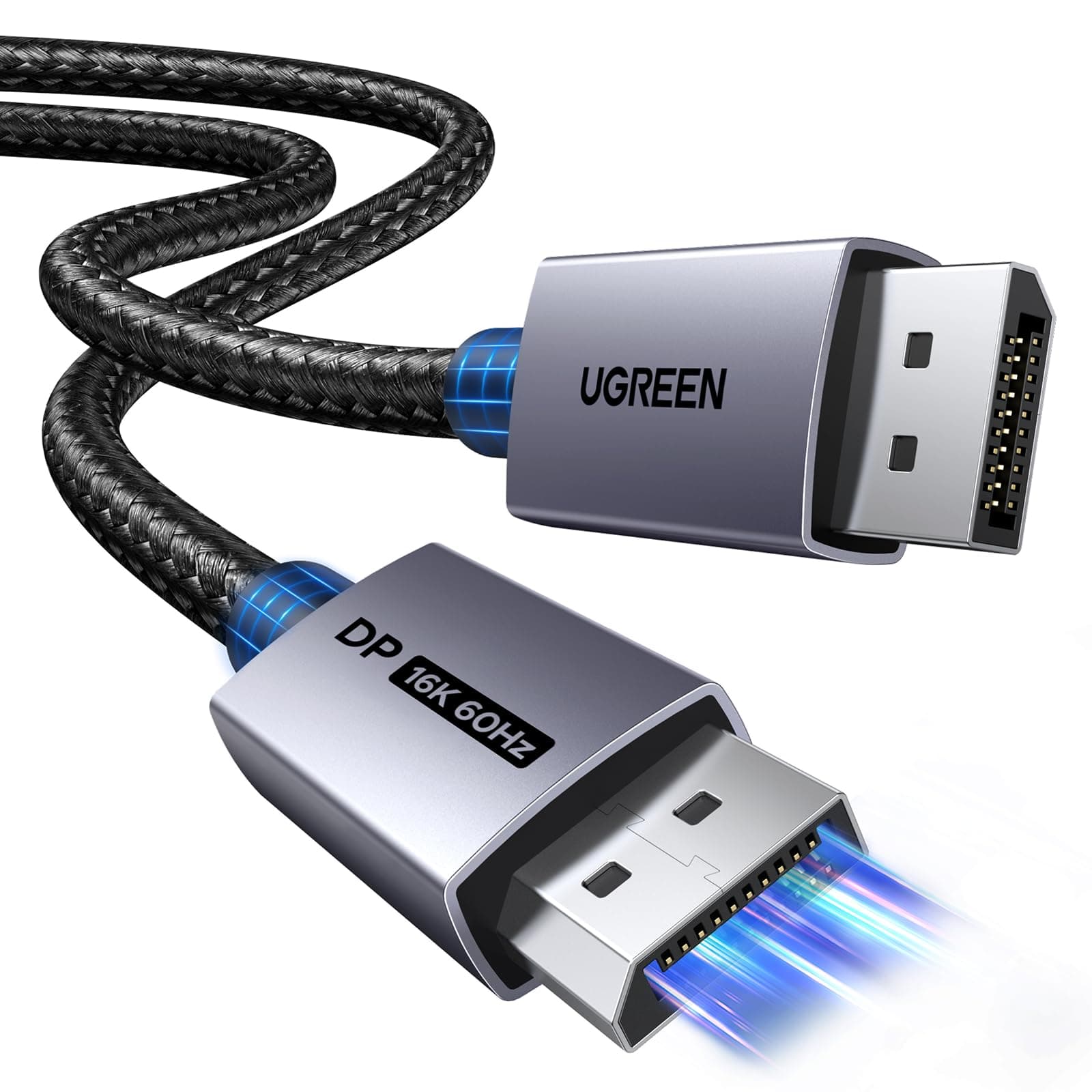 UGREEN 16K@60Hz 80Gbps DisplayPort Cable 2.1 DP Cord 8K@240Hz 4K@480Hz Display Port Cable 6.6FT HDR, HDCP2.3, DSC1.2a, FreeSync, G-Sync, Alu Braid Compatible Monitor, Graphics RTX 5090 4090, PC, HDTV