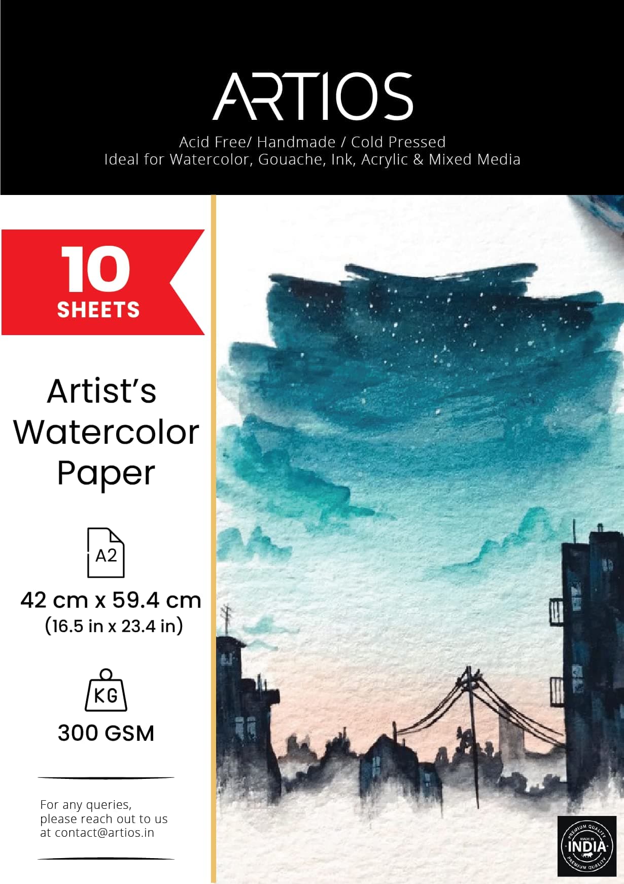 ARTIOS Artists' Watercolor Paper A2 300 GSM - 100% Cotton, Cold-Pressed, Acid-Free, Handmade Water Colour Papers for Watercolour, Acrylic, Gouache, Ink & Mixed Media, 10 Sheets