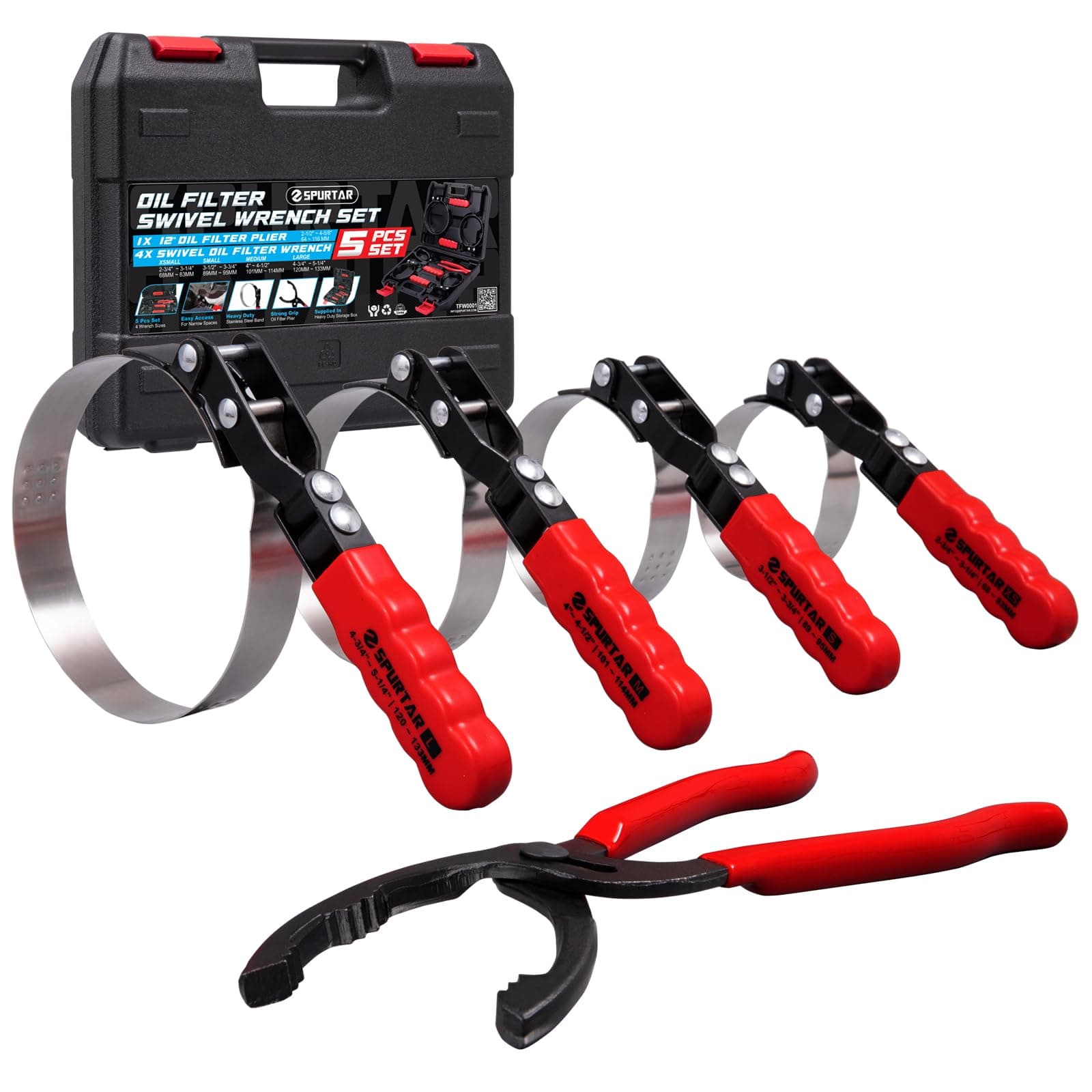 Spurtar Swivel Oil Filter Wrench Set of 5 Adjustable Wrench 2-3/4" to 5-1/4" (70-133mm) 12" Universal Oil Filter Removal Tool for 4S Shop Auto Repair Mechanic DIY Generator Small Engine