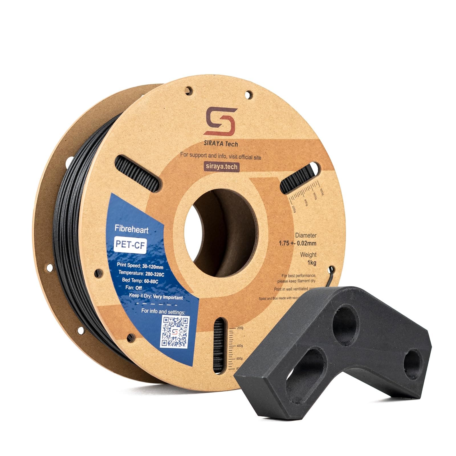 Siraya Tech Fibreheart PET-CF 3D Filament - Carbon Fiber Reinforced, High Strength & Rigidity, Easy Print, Dimensionally Stable, Aluminum Foil Sealed Bag - for Strong and Precise Parts (Black, 1kg)