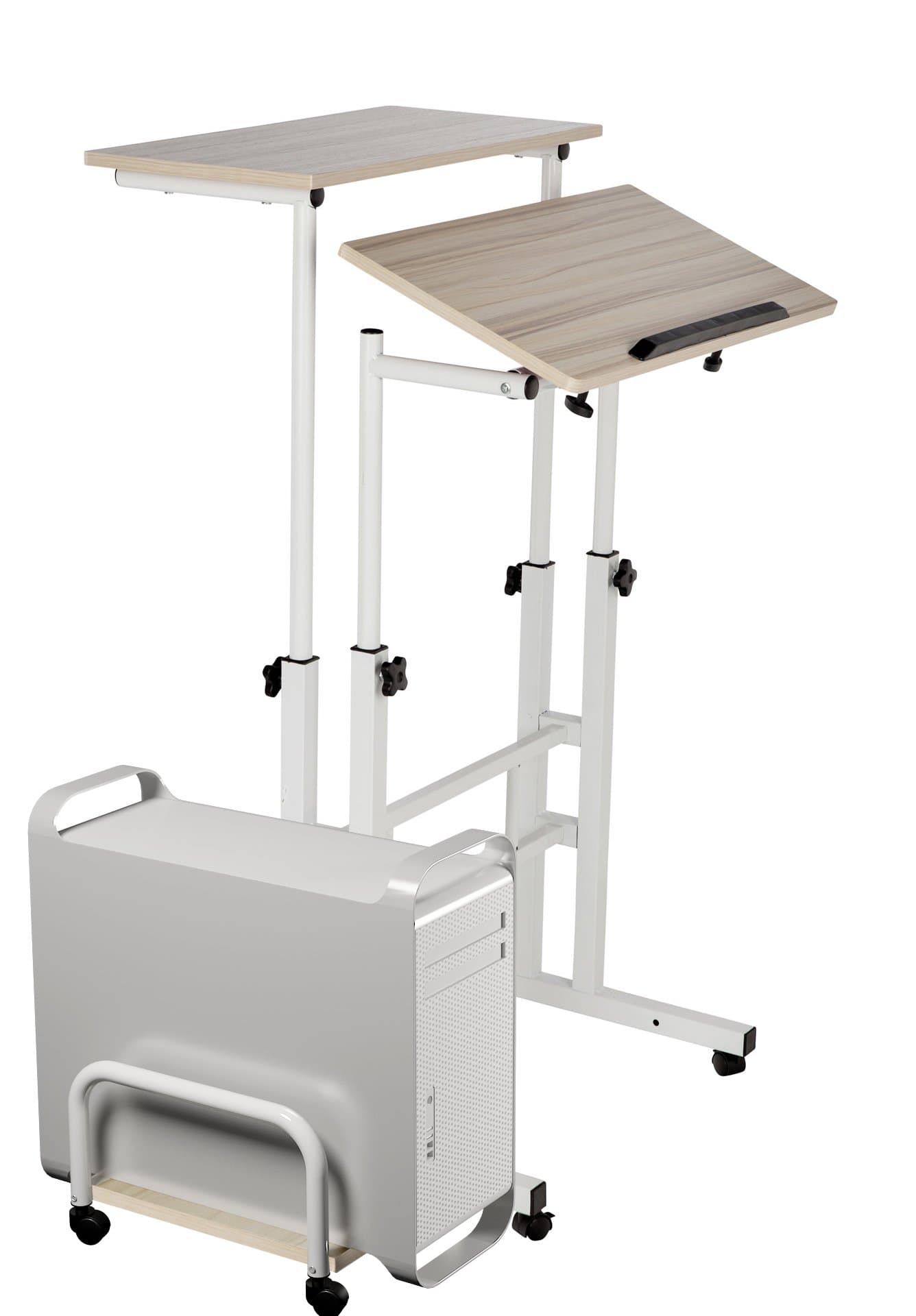 Mobile Stand Up Computer Desk with Wheels Two Tiers a Printer Stand for Sitting or for a Stand up Suitable for a Laptop or a Desktop.