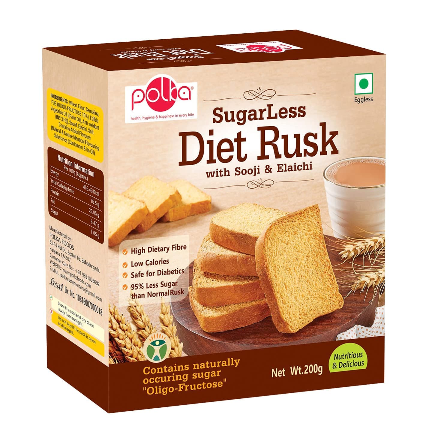 - Polka Sugarless Diet Rusk,Sooji with Elaichi, Healthy Snack, High Fiber, Digestive, Sugar Free, 200 Gm