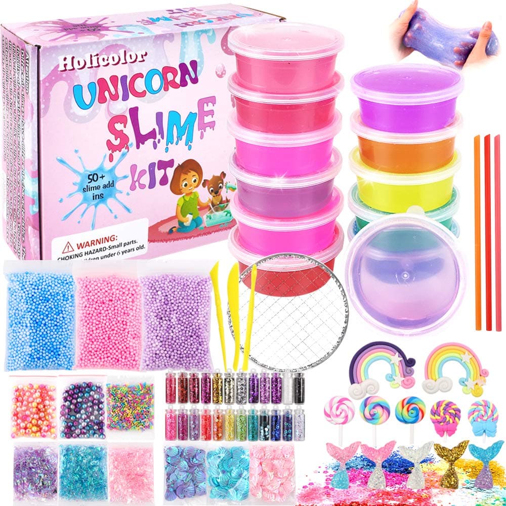 HOLICOLOR Slime Kit, Clear Slime for Girls and Boys, DIY Slime Kit Unicorn Slime Making Supplies with Slime Mermaid Charms, Glitter, Shells, Foam Balls and Other Accessories for Slime Party