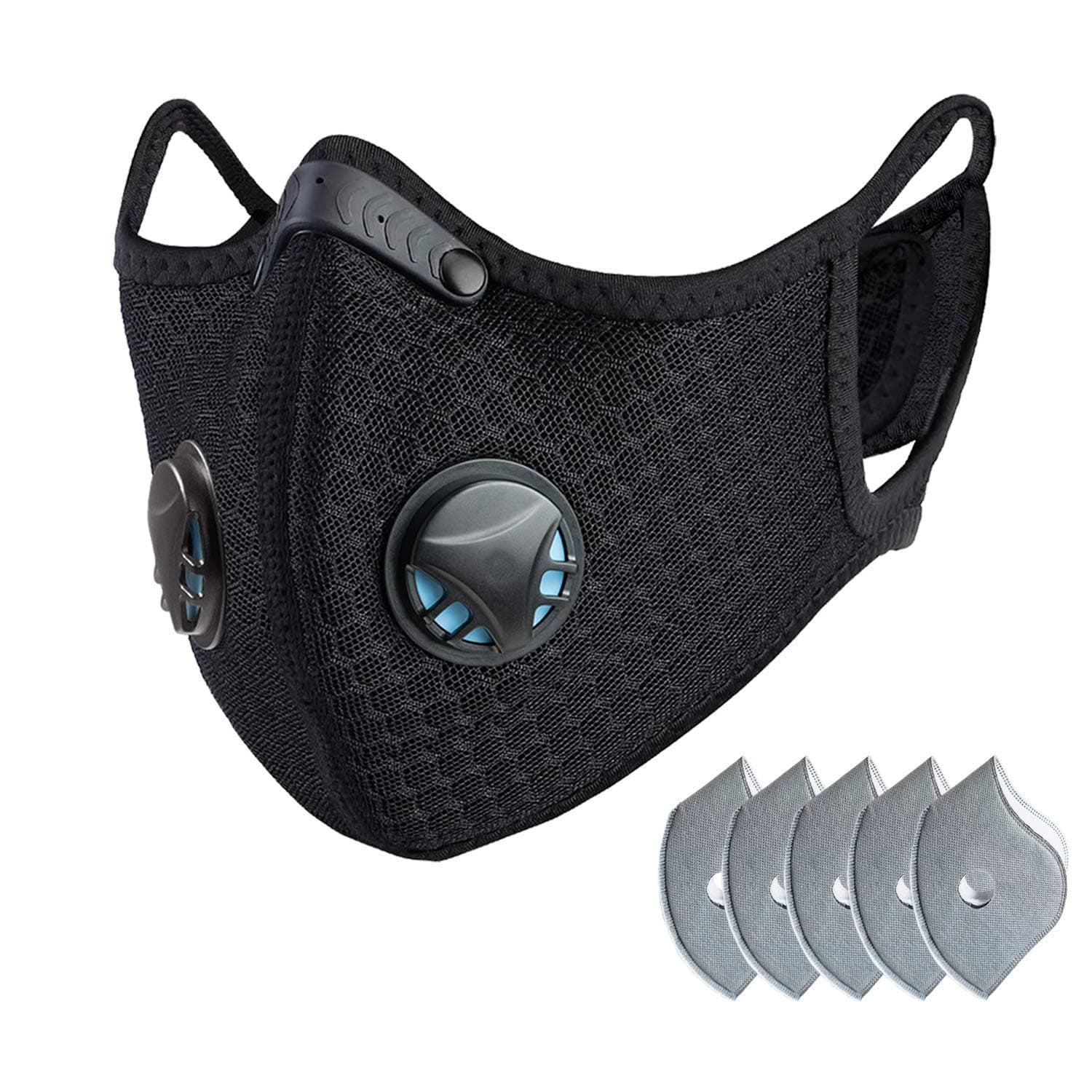 Dust mask with Filter,Sports Face Mask, 5 Filters and 2 Valves Included,Replaceable Filters and Washable Masks for Running, Cycling, Skiing Motorbikes, Outdoor Activities(Black with Logo)