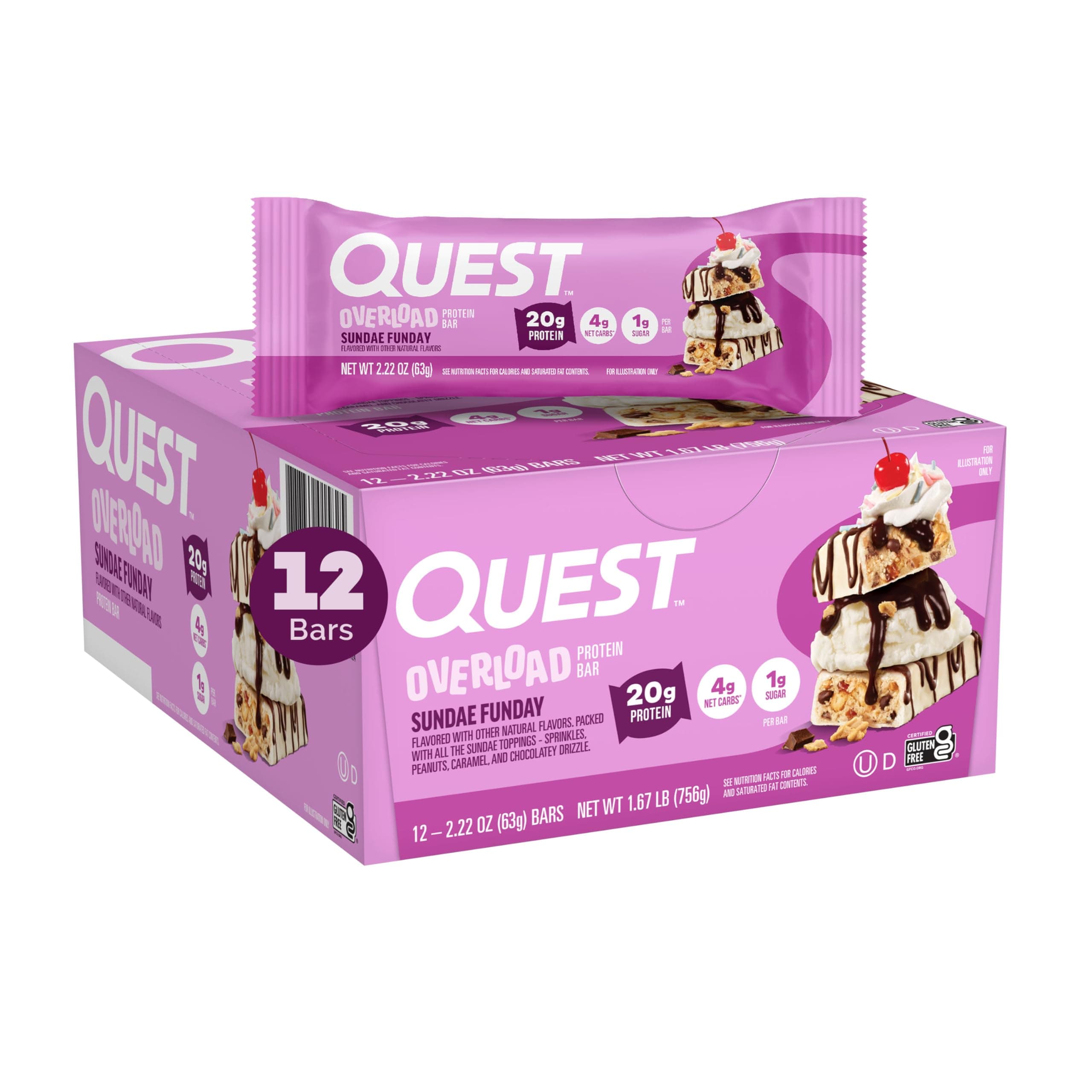 Overload Sundae Funday Protein Bars, 20g Protein, 12 Count Box, 63g Each