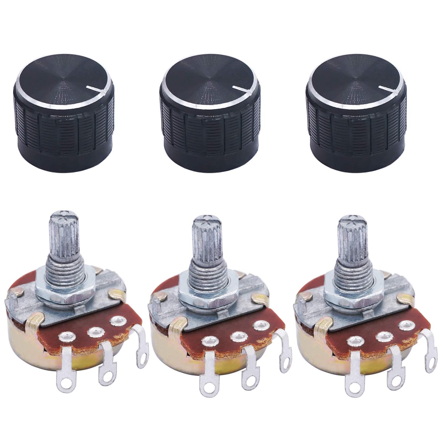TWTADE / 3pcs wh138 500 ohm Potentiometer Single Turn Rotary Linear Variable Potentiometer +3pcs black Aluminum alloy knob