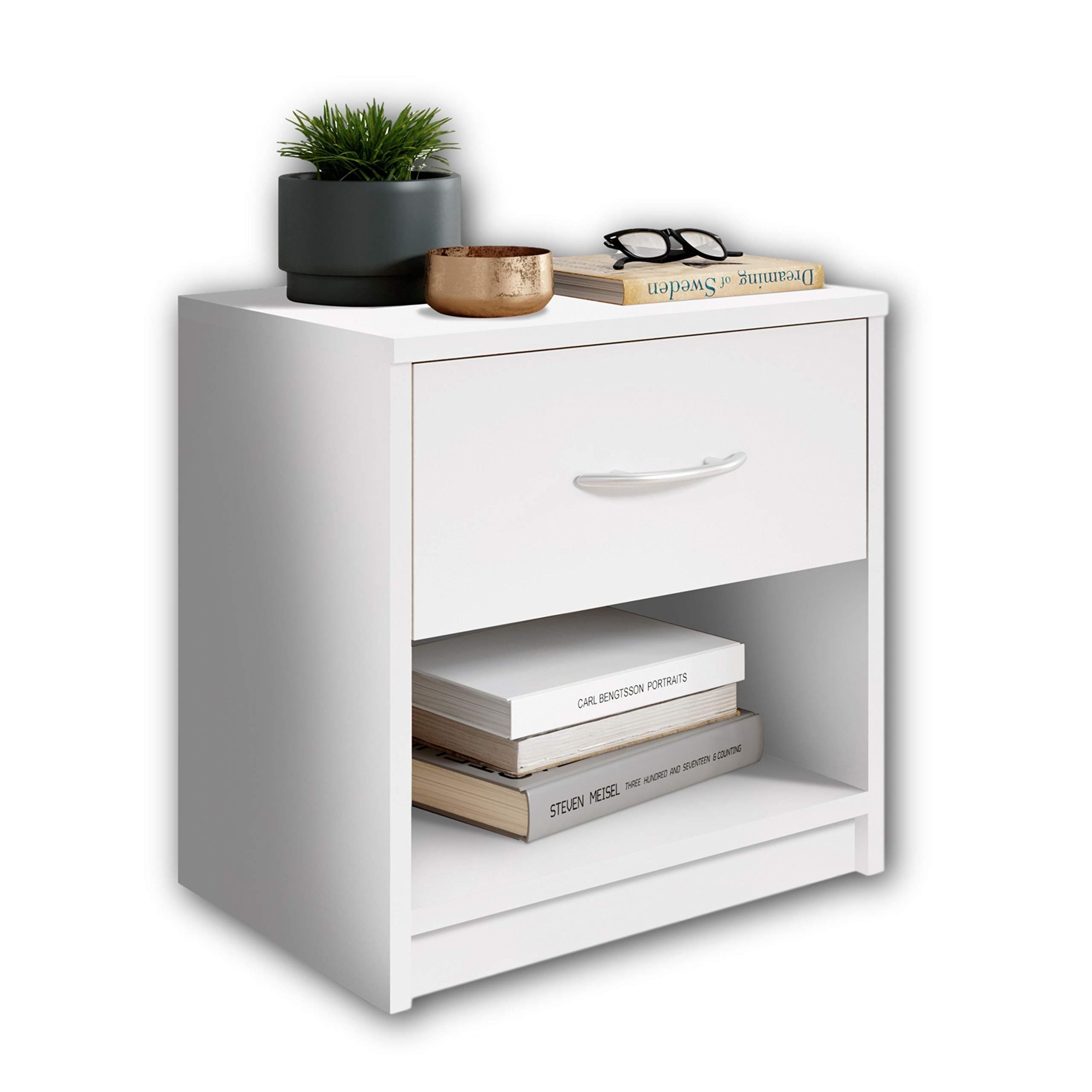 Stella Trading Bedside Table, Wood, White, 28 x 39 x 41 cm