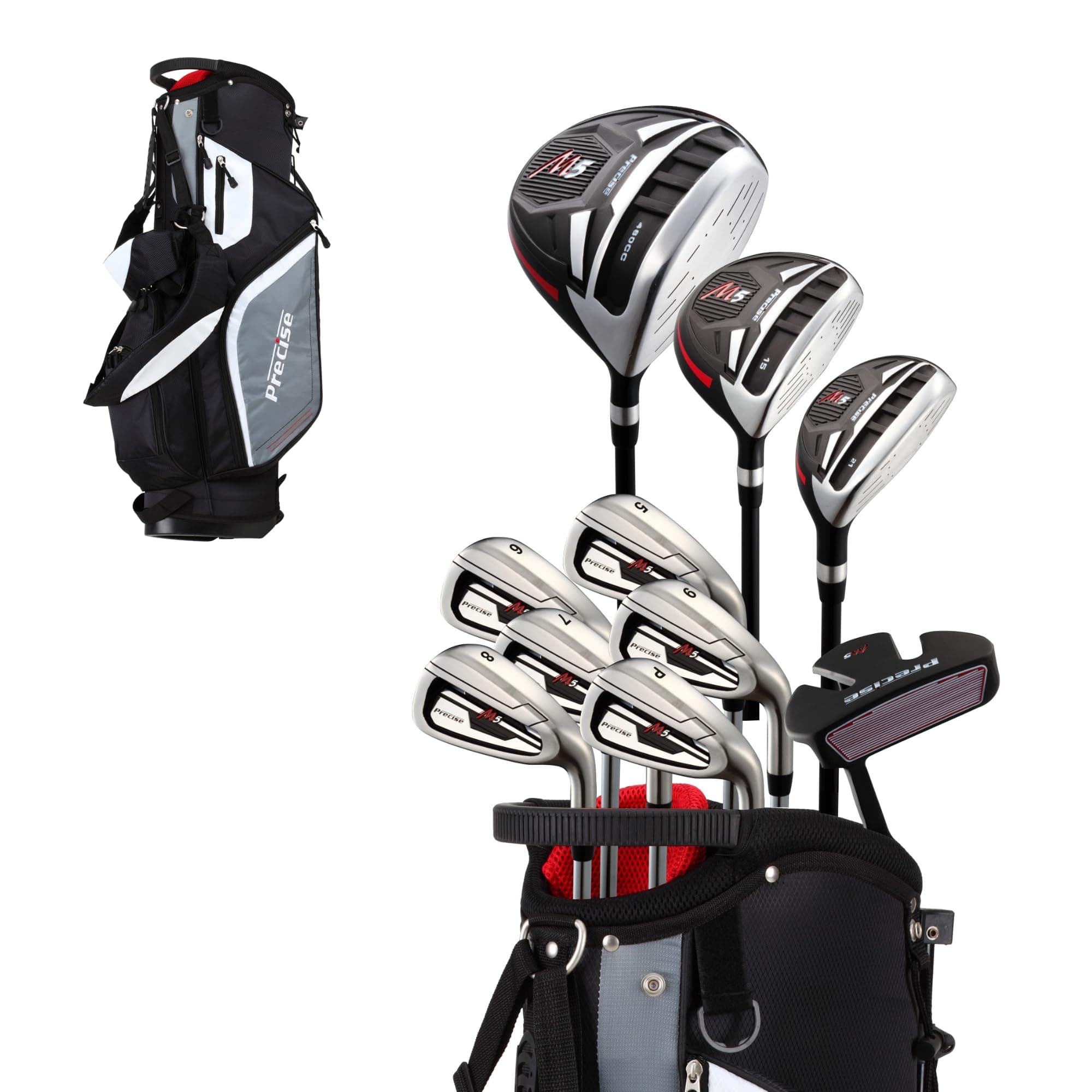 Top Line Men's Right Handed M5 Golf Club Set, Set Includes Driver, Wood, Hybrid, 5, 6, 7, 8, 9, PW Stainless Steel Irons with True Temper Steel Shaft, Putter, Deluxe Stand Bag & 3 Headcovers