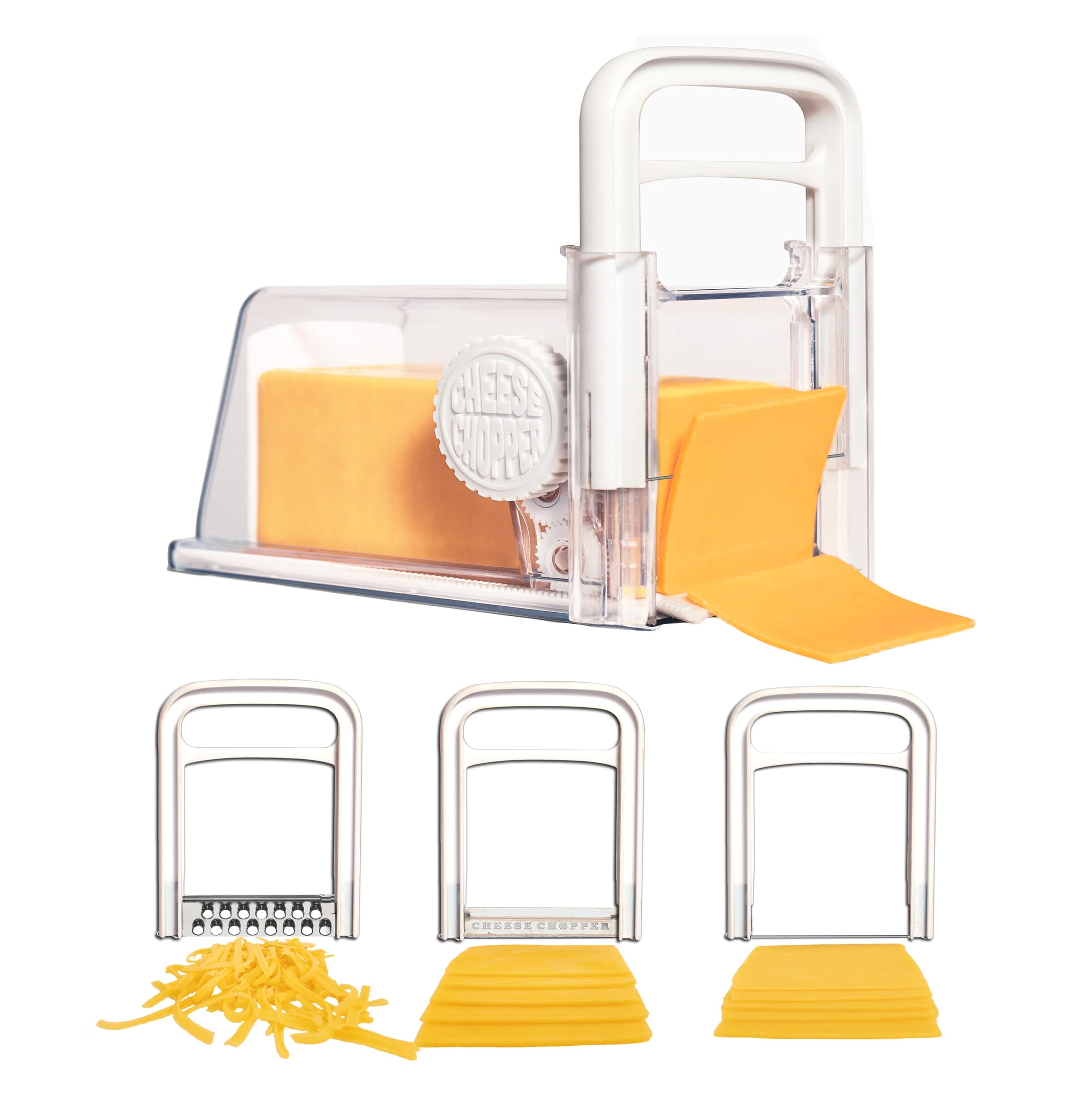 Cheese Chopper 4-in-1 | Cheese Storage with Handle, Grater, Wire and Blade Attachments | Instant Fridge Storage | up to 2lb Blocks