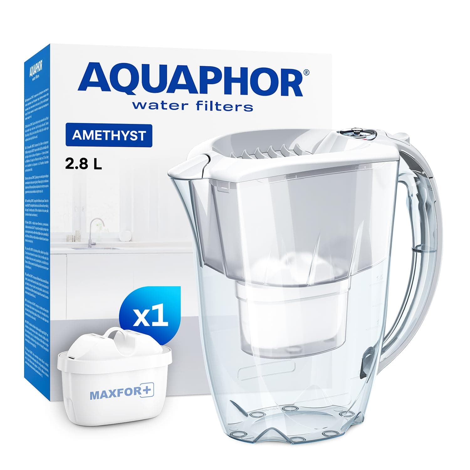 AQUAPHOR Water Filter Jug Amethyst with 1 X MAXFOR+ 200L Cartridge - Capacity 2.8L - White