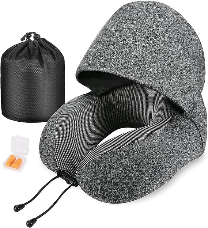 DROZIPDROZIP Neck Pillow for Travel, Memory Foam Travel Pillow with Hood, Adult Airplane Pillow for Head Rest Neck Support, Portable Pillow for Office Cars Trains Long Flights Sleeping