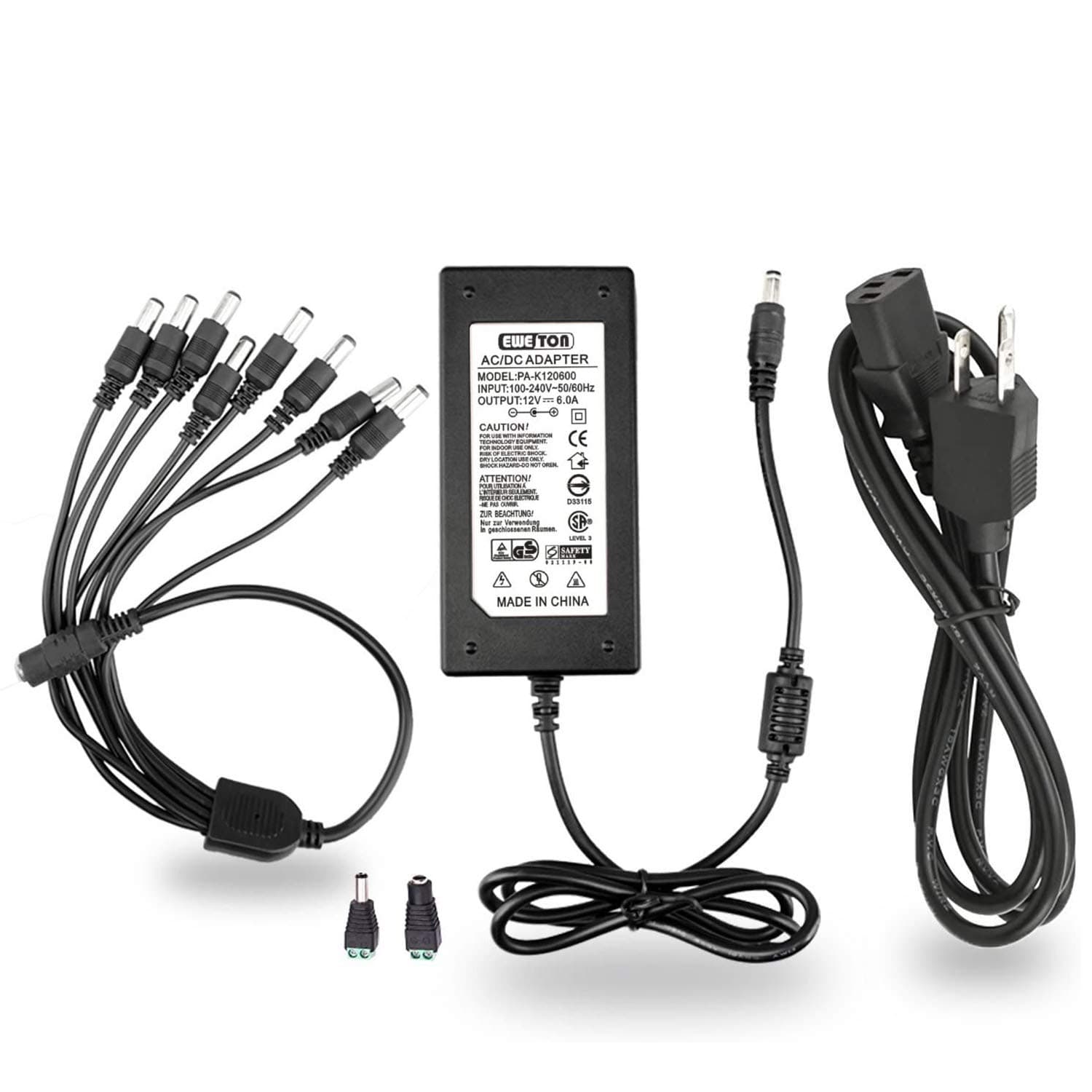 Power Adapter 12V 6A 72W 3-Pin Plug 100V-240V AC to DC 2.1x5.5mm w/ 8-Way Power Splitter Cable & DC Power Jack Connector Power Supply for CCTV Security Camera DVR, LED Strip Lights