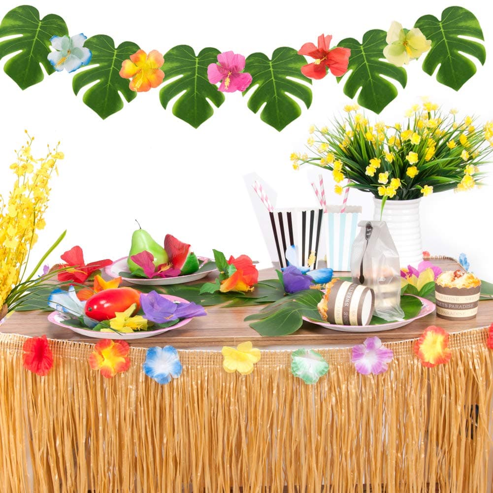Joyclub Hawaiian Tropical Party Decorations with 9ft Hawaiian Luau Grass Table Skirt Palm Leaves and Hibiscus Flowers (Gold)