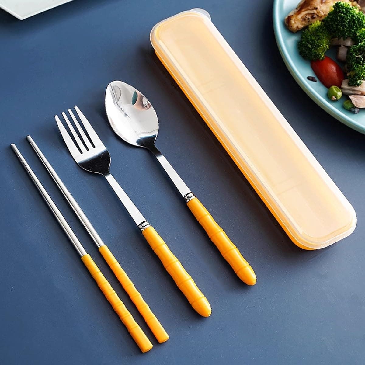 Wolpin Cutlery Set for Lunch Box 3 Pcs | Stainless Steel Spoon Fork Chopsticks with Travel Box | Reusable Portable Tableware for Office Home School Kids Yellow 21 cm