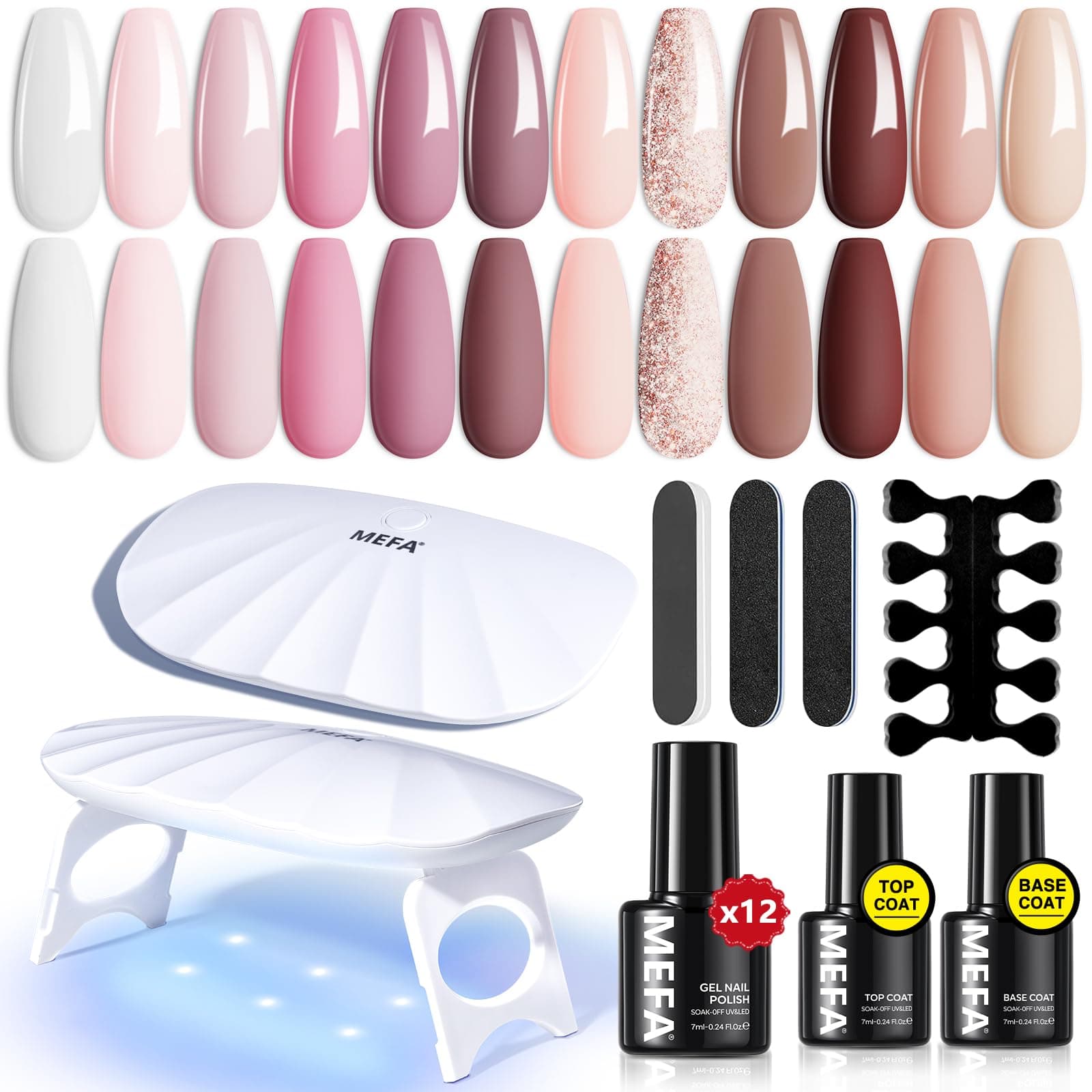MEFA 19 Pcs Gel Nail Polish Kit with U V Light, 12 Colors All Seasons Nude Milky White Soak Off Gel Polish Nail Set with Base Top Coat Essential Manicure Tools Beginners Salon Nails DIY Art