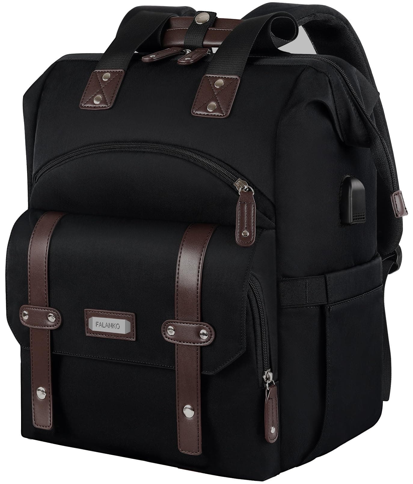 FALANKO Laptop Backpack For Women, Work Doctor Teacher Nurse Wide Open College 15.6 Inch Laptops Backpack Purse with USB Charging Port, Travel Water Resistant RFID Computer Bag for Men Women Black