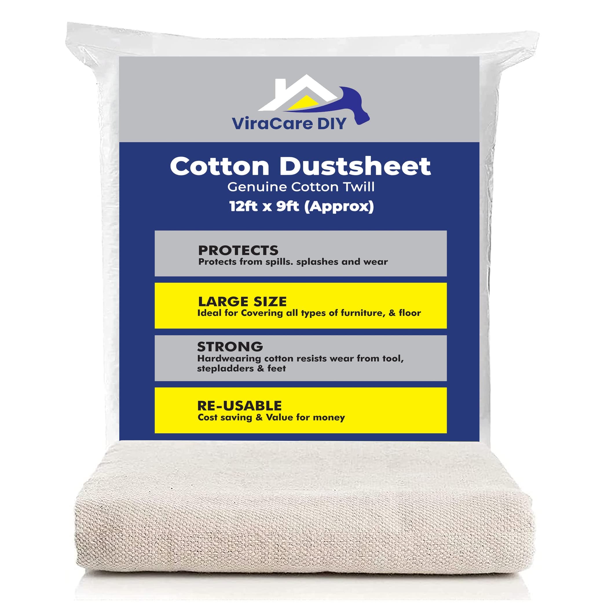 Cotton Dust Sheets 12'x9' (3.6mx2.7m) for Painting & Decorating | Paint Sheets | Drop Cloth | Painting & Paint Cover Sheets | Dust Sheets for Furniture | Washable and Reusable | (1)
