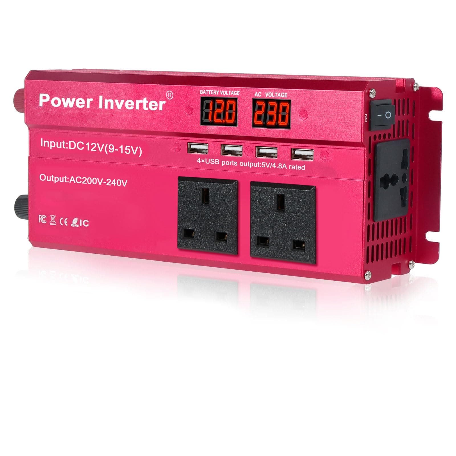 LVYUAN Power Inverter 2000W DC 12V to 230V AC Car Converter 12V with 4 USB 3 UK Sockets Car Adapter With LED Display