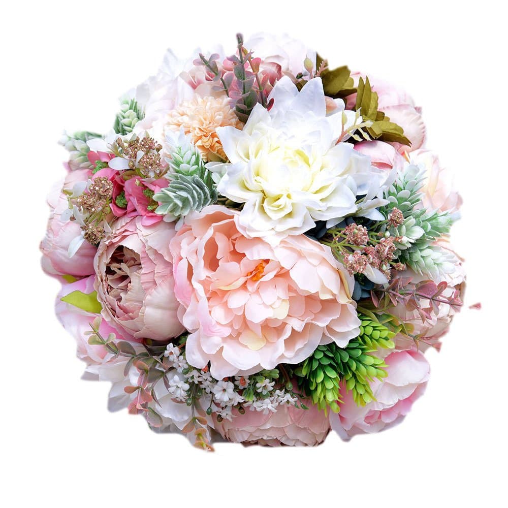 KUPARK Handmade Romantic Roses Dahlia Peony Hydrangea Artificial Flowers Blossom Decor Bridal Bridesmaid Bouquet Home Wedding Decoration Gift for Birthday Valentine's Day