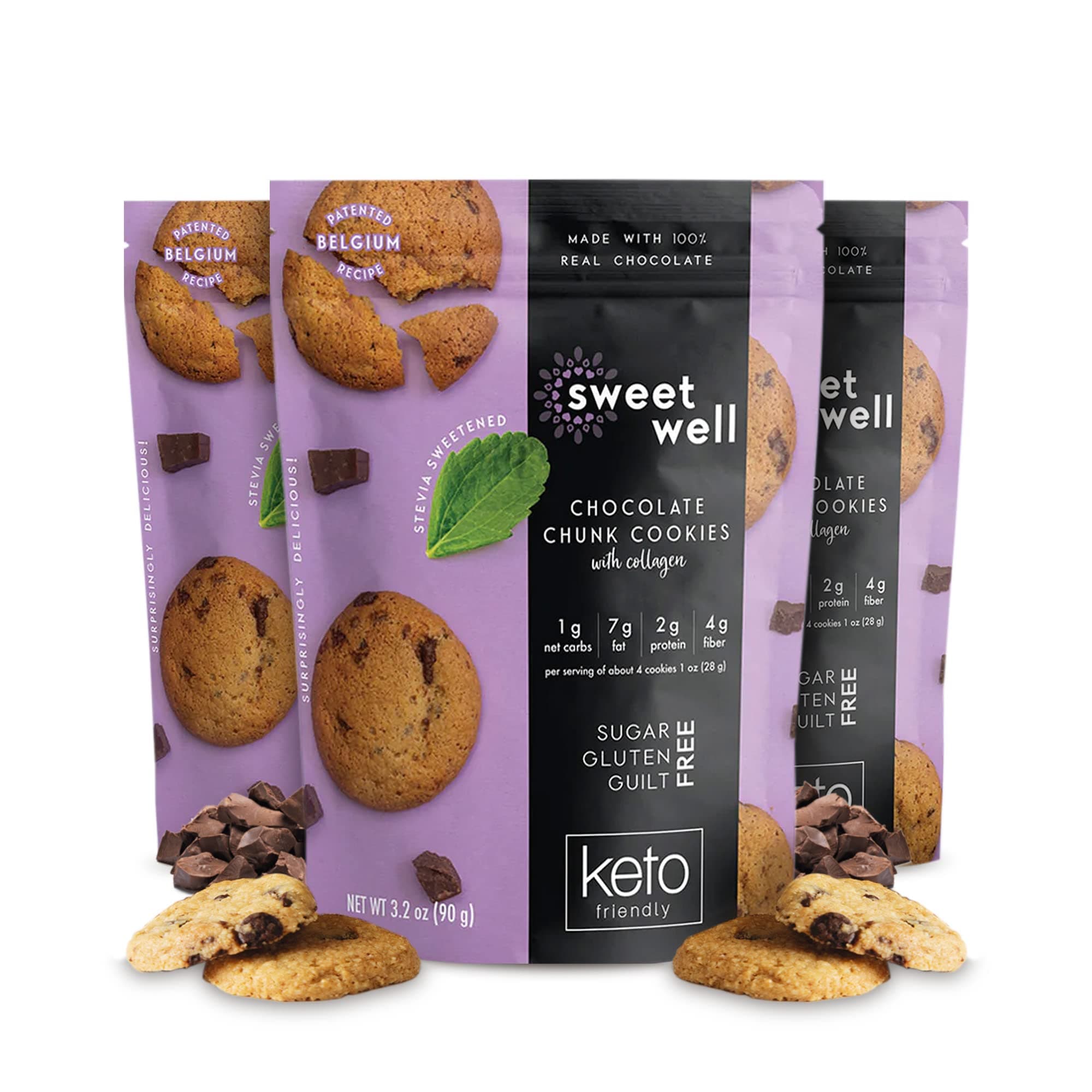 Chocolate Chunk Cookies, Low Carb Keto Cookies, Gluten-Free Keto Snack with Real Chocolate, Stevia Sweetener and Collagen, Sugar-Free, Pack of 3 - Sweetwell