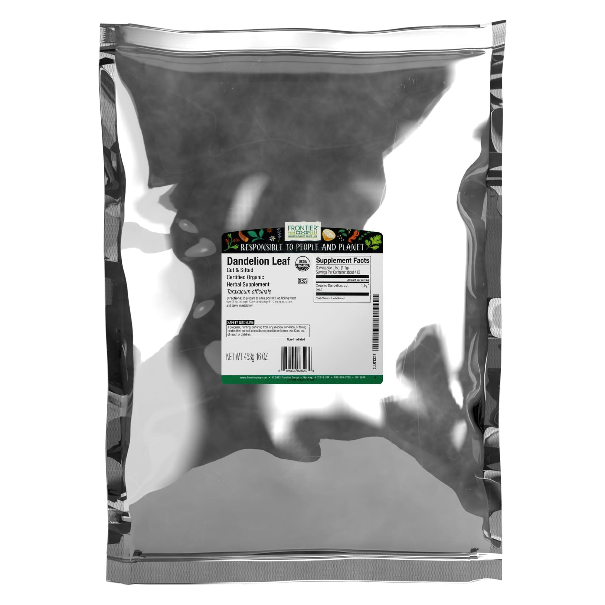 Frontier Co-op Organic Dandelion Leaf, Cut and Sifted - Dried for Loose Tea, Caffeine-Free Coffee Alternative, or Powder Supplement Capsules - Kosher | 16 Ounce (Pack of 1)