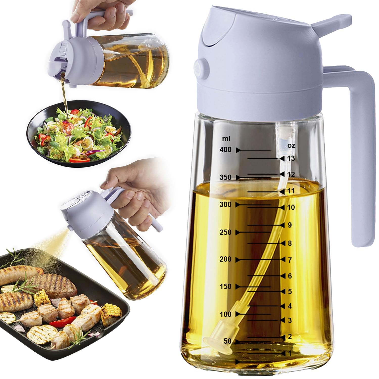 16oz/470ml Glass Olive Oil Sprayer for Cooking - 2 in 1 Olive Oil Dispenser for Kitchen Gadgets, Air Fryer, Salad, and BBQ - Assorted Color