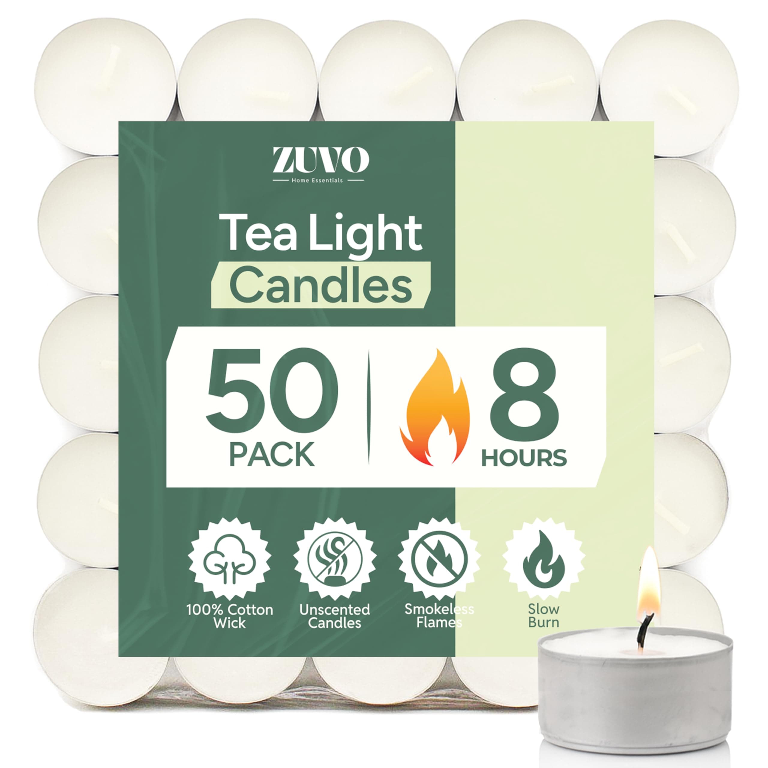 Zuvo 8 Hour Unscented Tea Lights Candles, White, Pack of 100