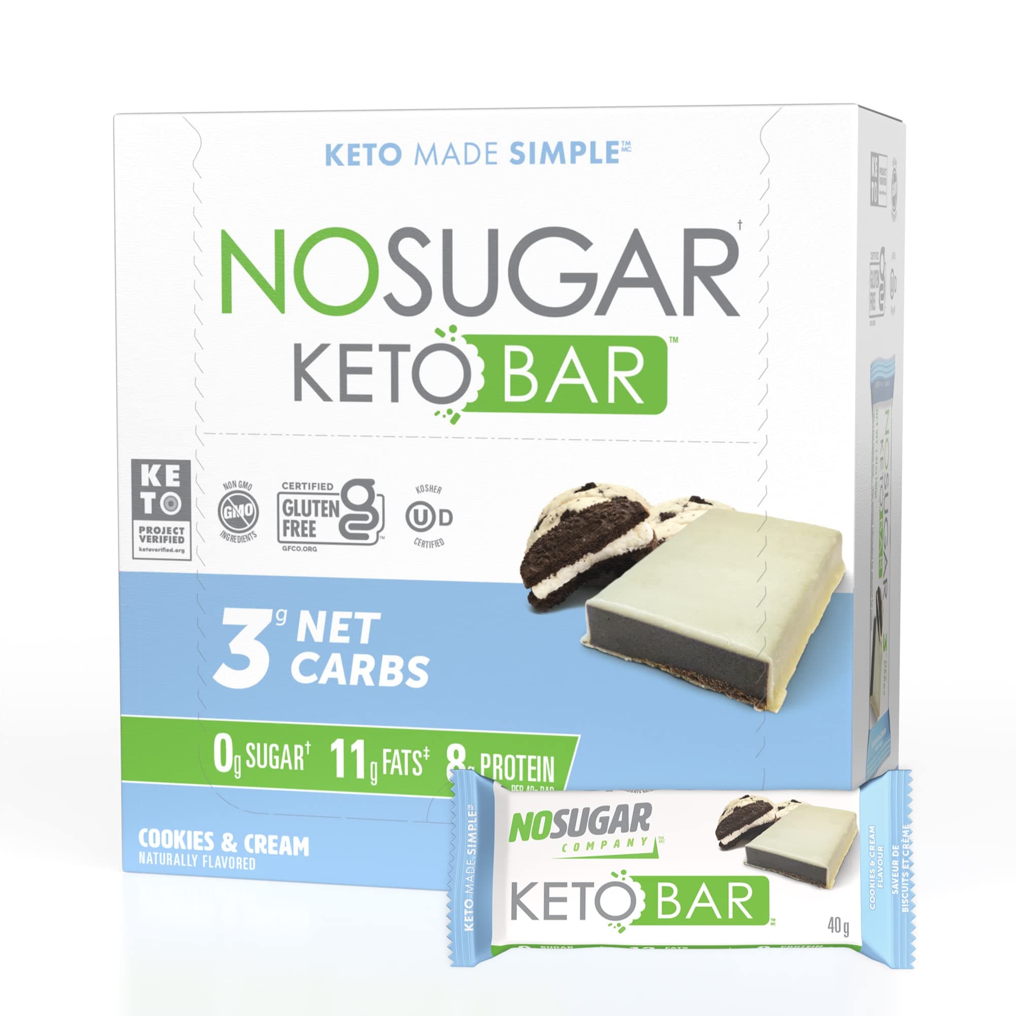 No Sugar Keto Bar Snack - Low Carb No Sugar Keto Snack Food with Keto Friendly Macros (12 x 1.41oz Bars, Cookies and Cream)