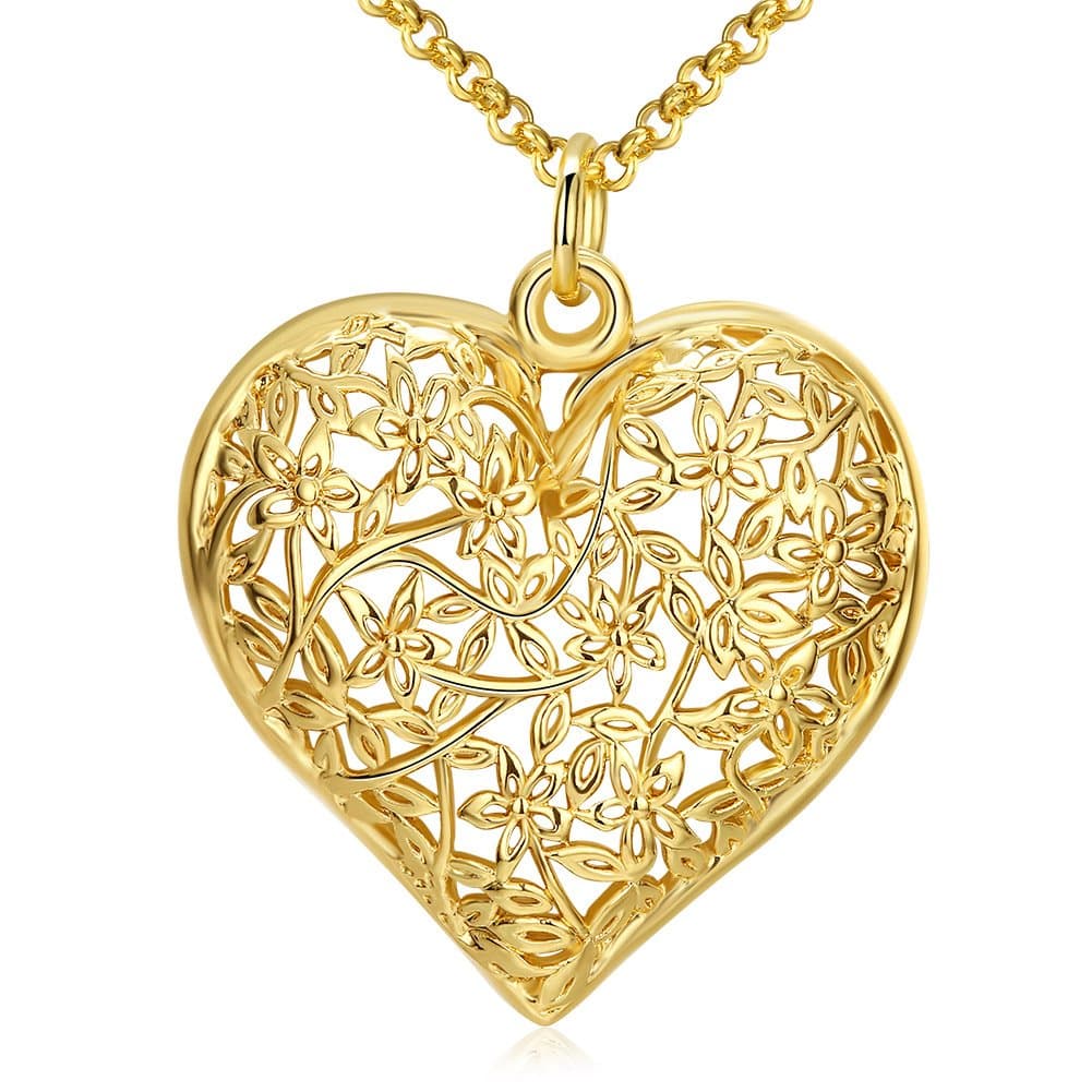 New Arrival Retro Style Golden Heart Shape Hollow Flower Pattern Women Chamring Necklace