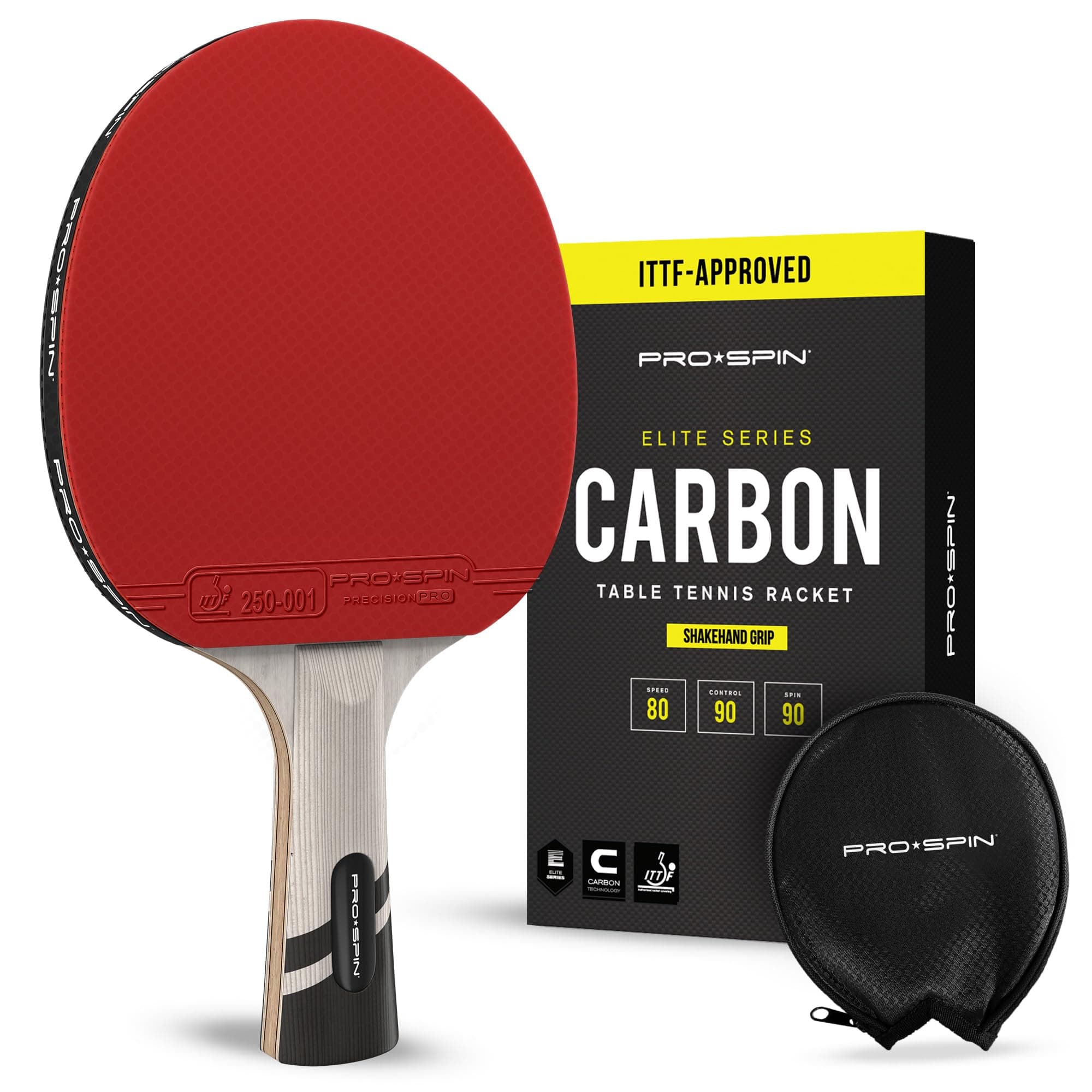 PRO-SPIN Ping Pong Paddle Carbon Fiber | Elite Series 7 Layer Blade Premium Rubber 2.0mm Sponge & Rubber Protector Case | Classic Shake Hand or Pen Hold Grip Table Tennis Racket