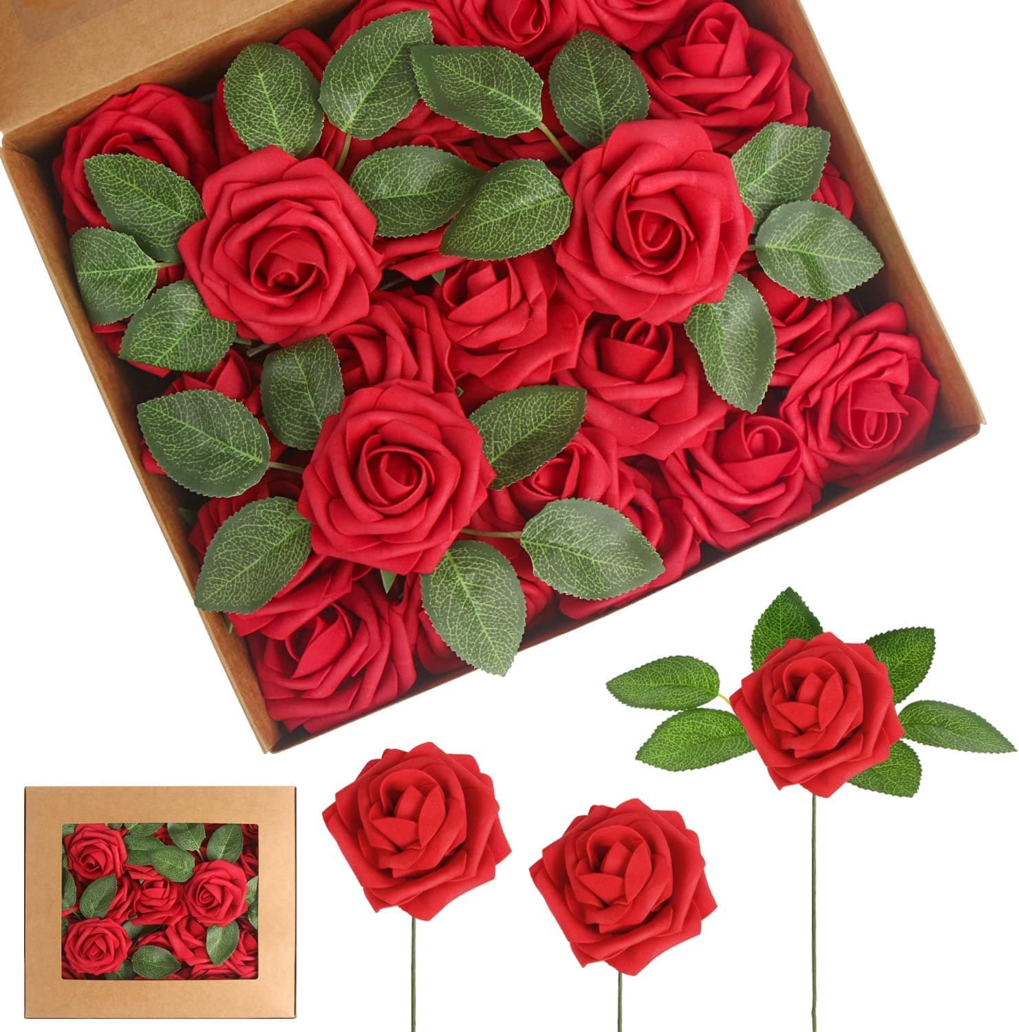 LOKIPA Artificial Red Rose Flower , 30Real Touch Fake Foam Roses With Stem for DIY Wedding Bouquets Centerpieces Arrangements Home Decorations