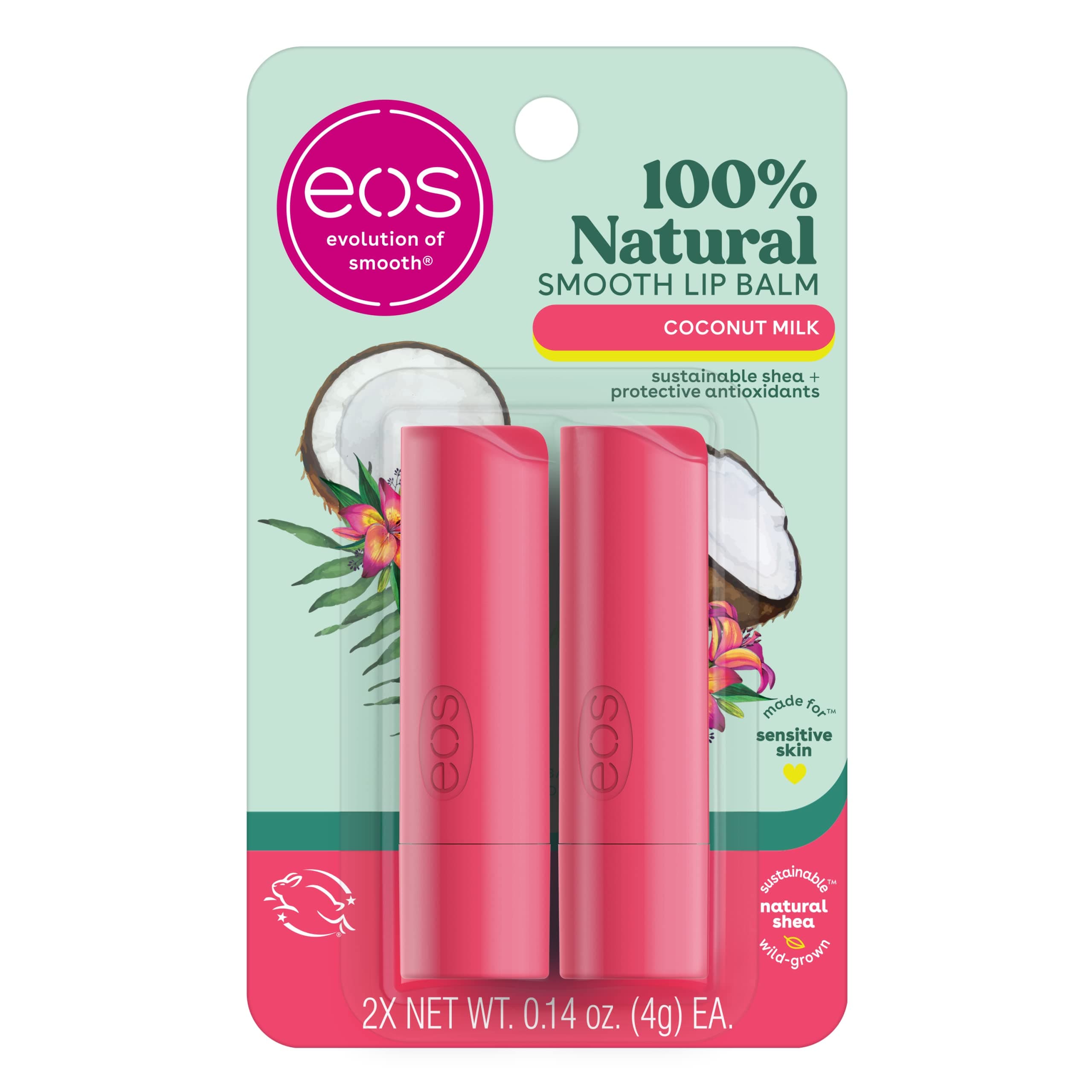 eos 100% Natural Lip Balm- Coconut Milk, eos lip balm, All-Day Moisture, Lip Care, Shea Butter, Moisturizing, Sensitive Skin,0.14 oz, 2 Pack
