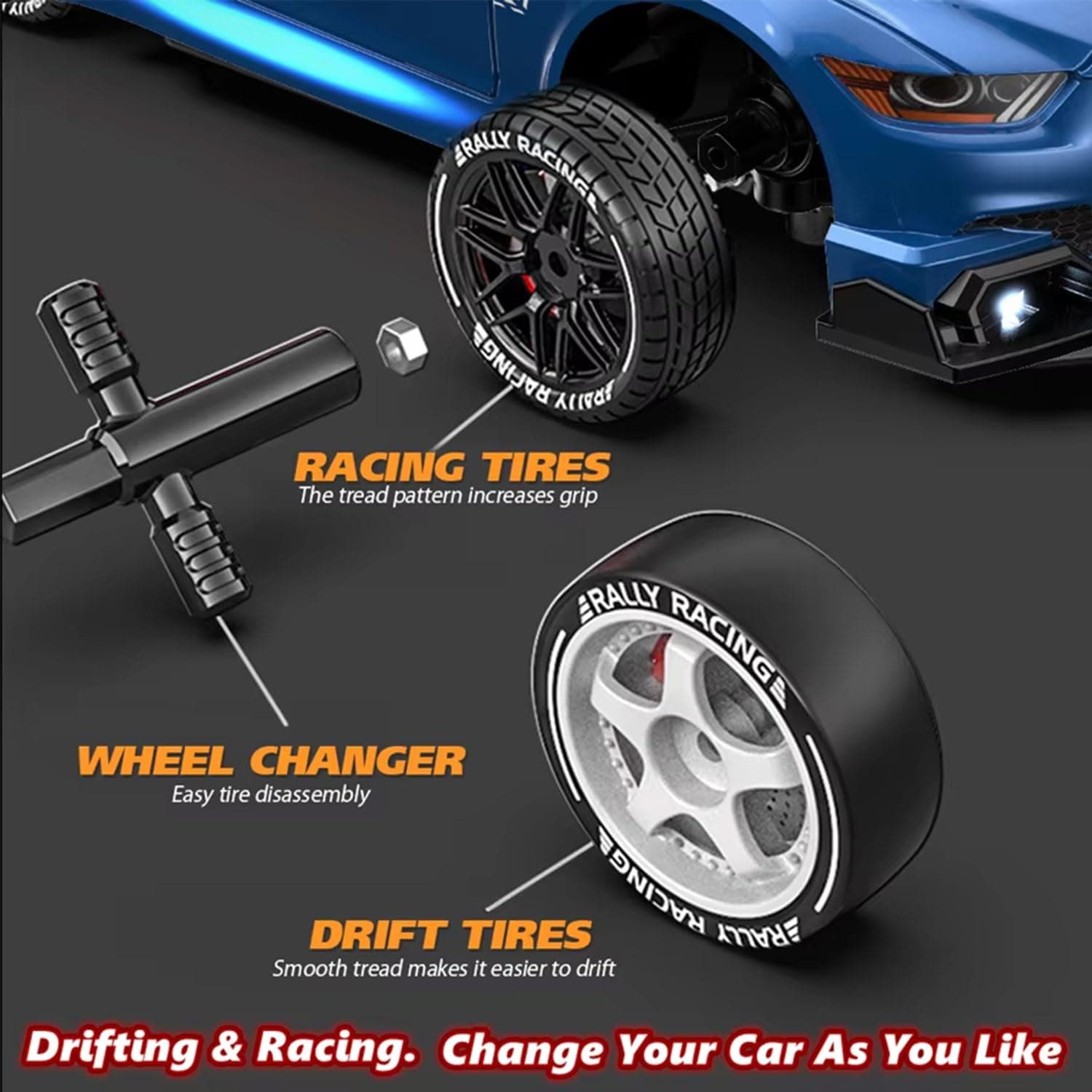 1:24 Scale RC Drift Car 4WD 2.4GHz 30KM/H High Speed Racing Sport Toy Car with LED Lights, Racing and Drift Wheels (8601-Red)