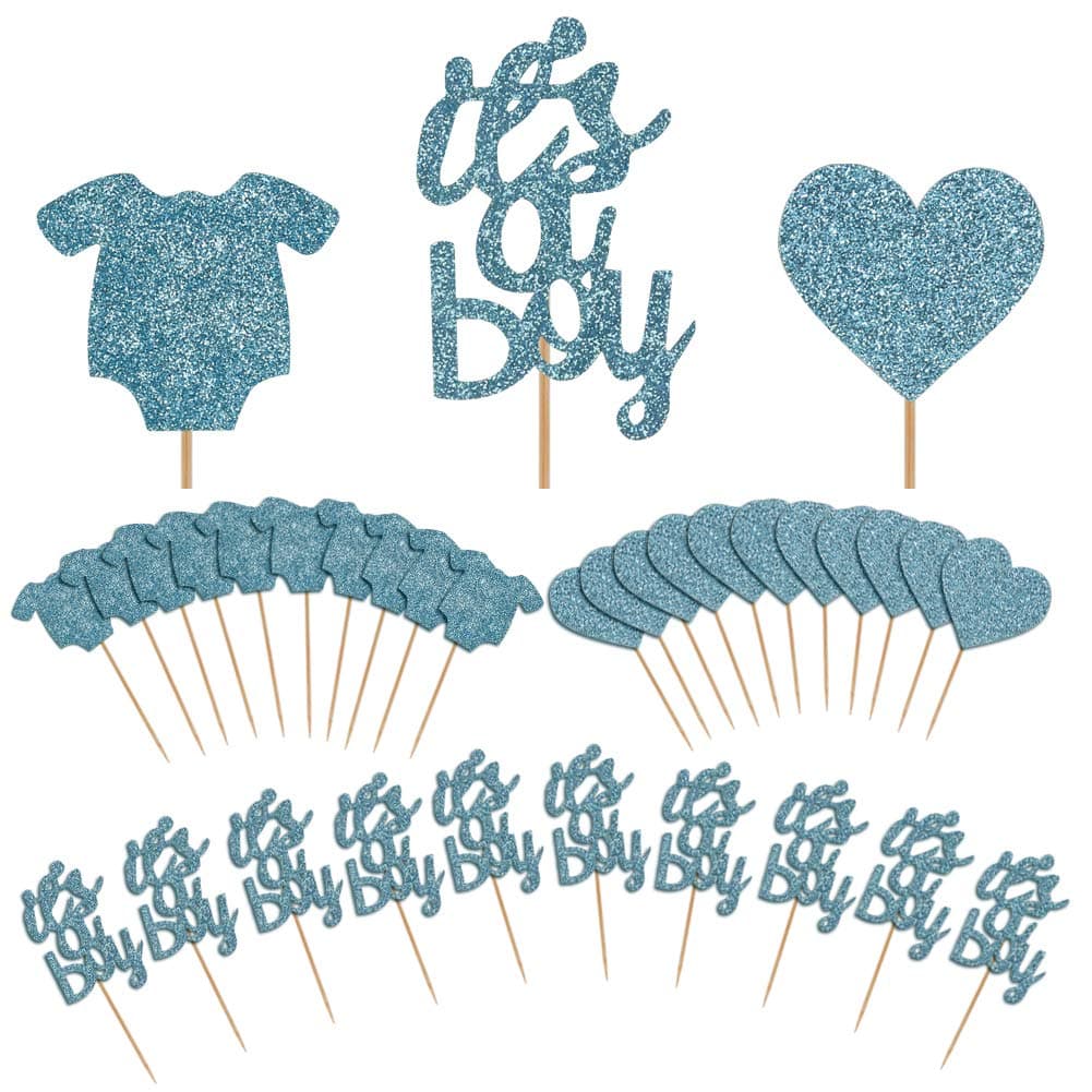 48 Pcs Baby Shower Cupcake Toppers It's a Boy Birthday Cupcake Topper with Baby Jumpsuits Cupcake Picks Boys Birthday Party Cake Decorations Supplies Blue