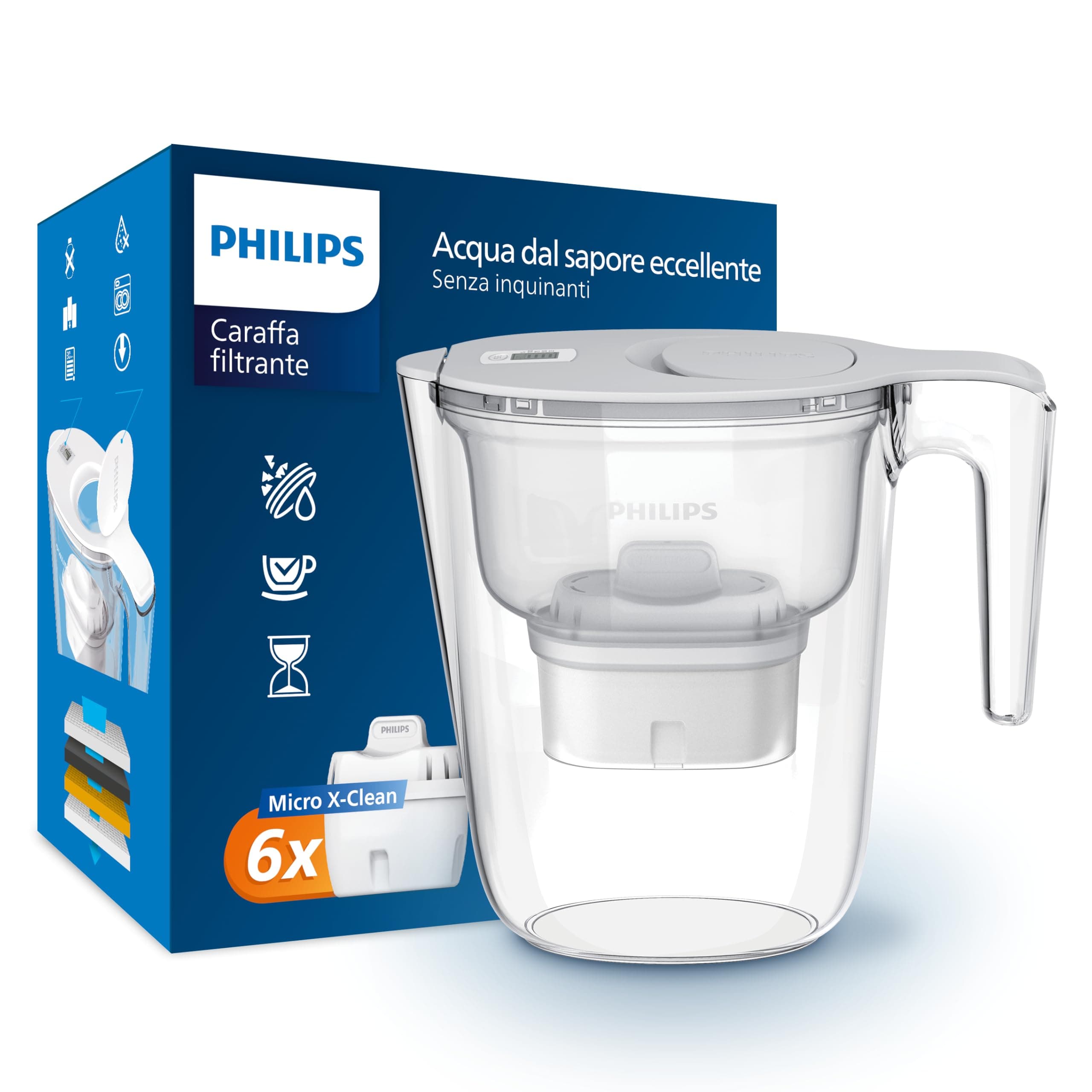 Philips Water Filter Jug +6 Micro X-Clean Replacement Filter Cartridges, Fast flow, White, 2.6 litres, Electronic timer, packaging may vary