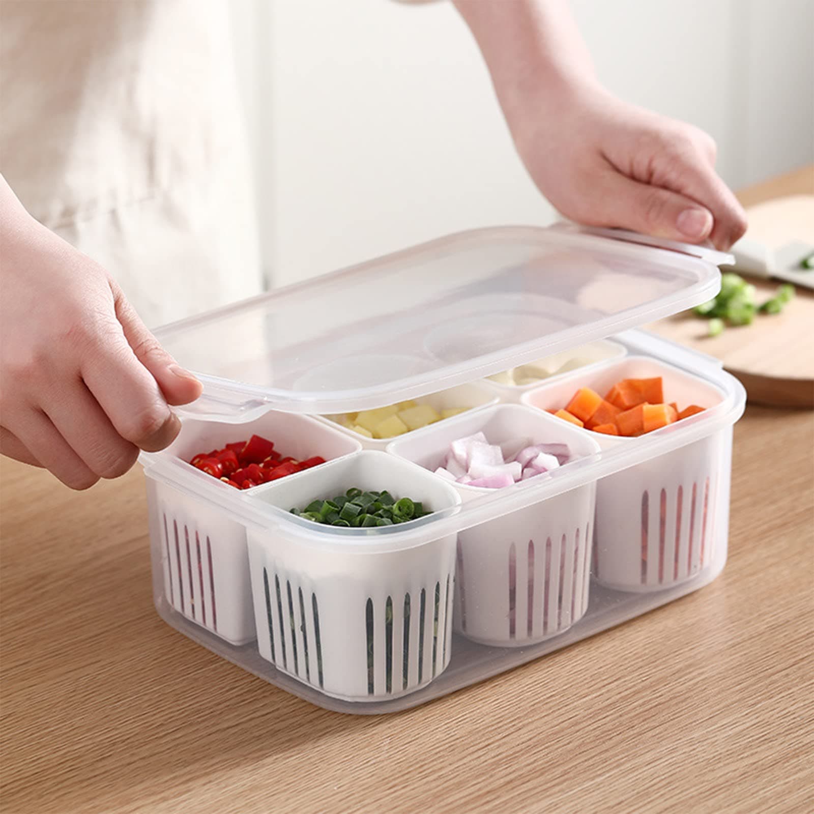 Fridge Food Storage Containers with Lids Airtight Refrigerator Food Fresh Box with 6 Pcs Detachable Drain Basket Vegetables Sealed Keeper for Ginger Garlic Onion