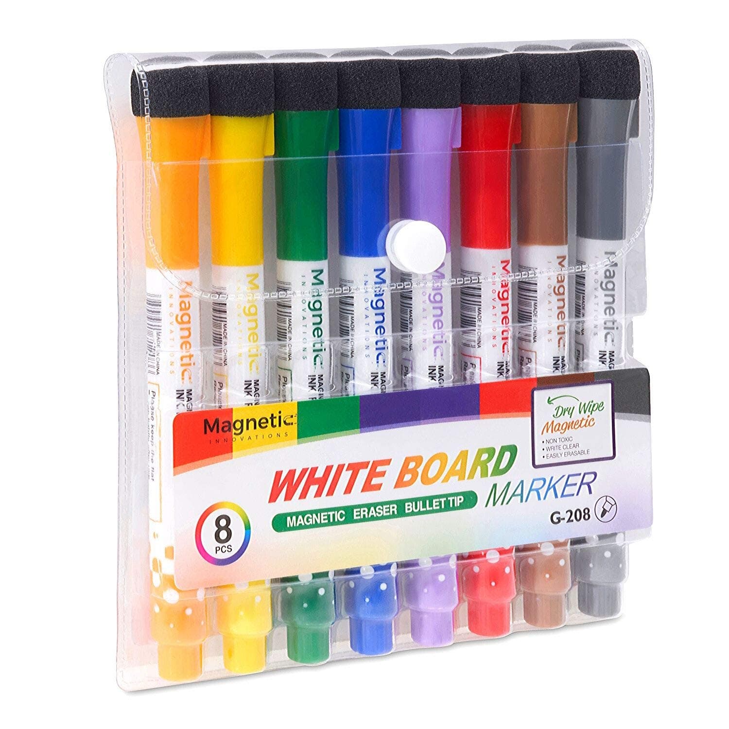 Pack of 8 Fine Point Multi Coloured Magnetic Dry Wipe Whiteboard Marker Pens for Fridge Whiteboards